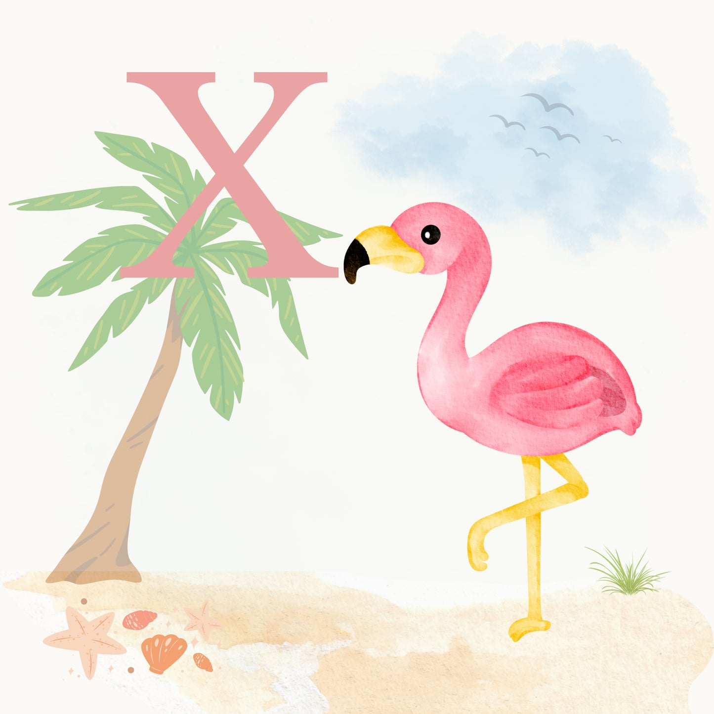 Flamingo Coastal Alphabet Printable Art - Pink