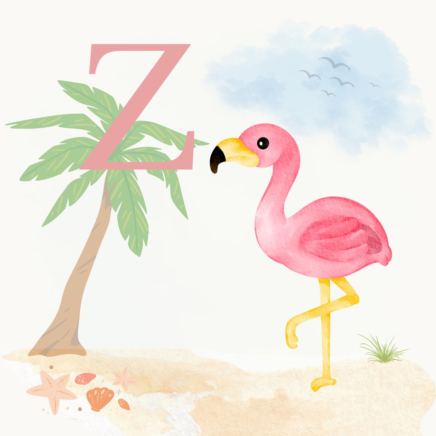 Flamingo Coastal Alphabet Printable Art - Pink