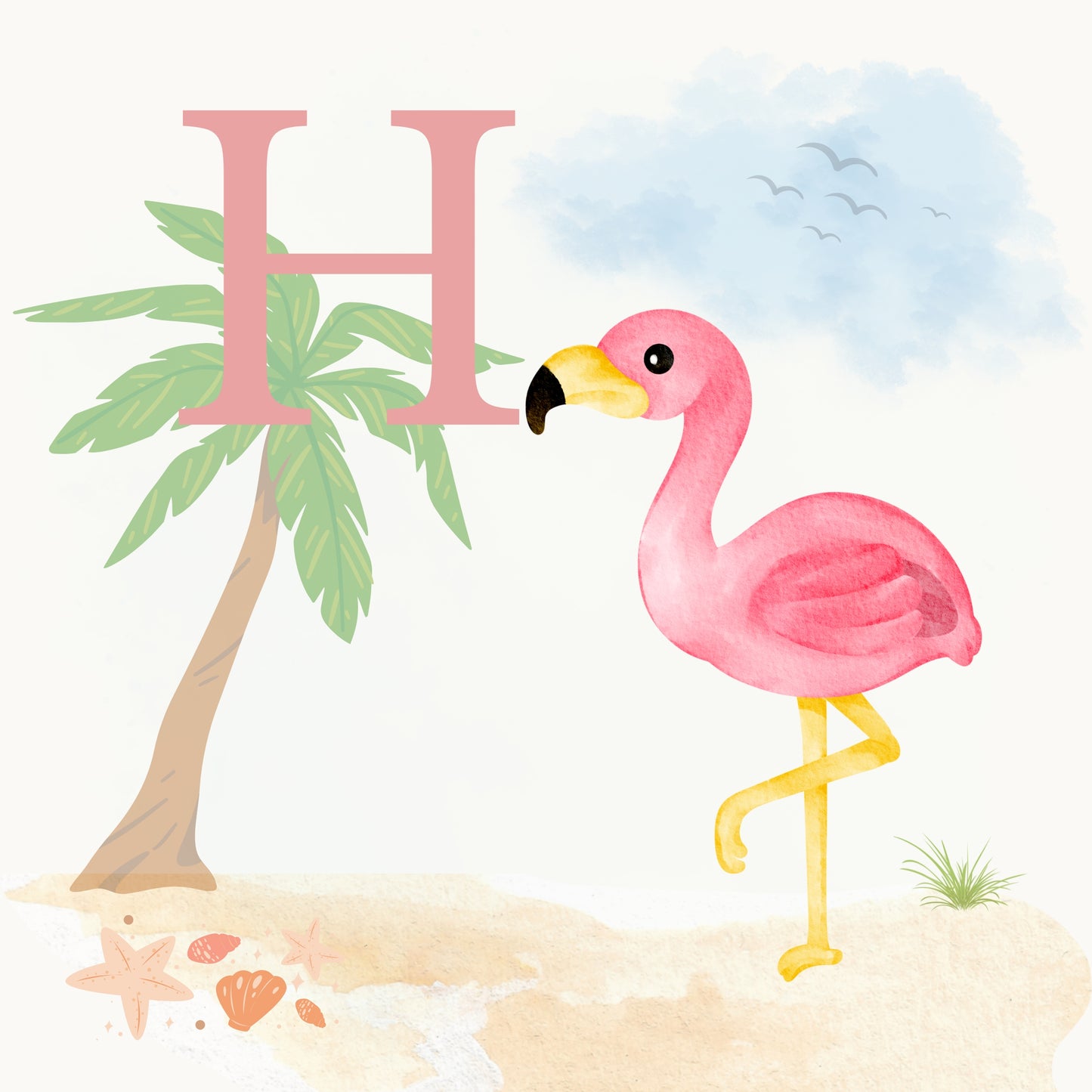 Flamingo Coastal Alphabet Printable Art - Pink