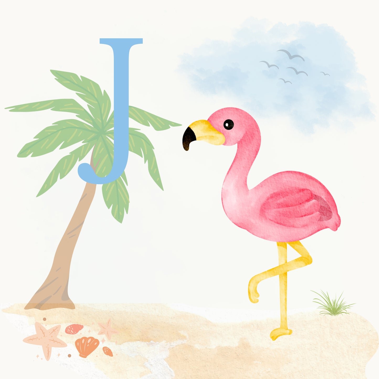 Flamingo Coastal Alphabet Printable Art - Blue