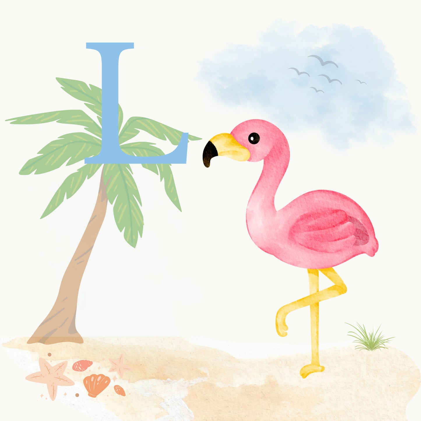 Flamingo Coastal Alphabet Printable Art - Blue