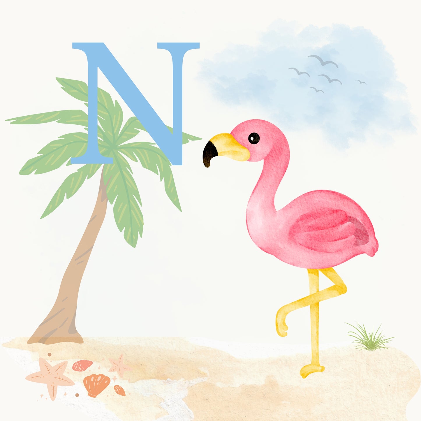Flamingo Coastal Alphabet Printable Art - Blue