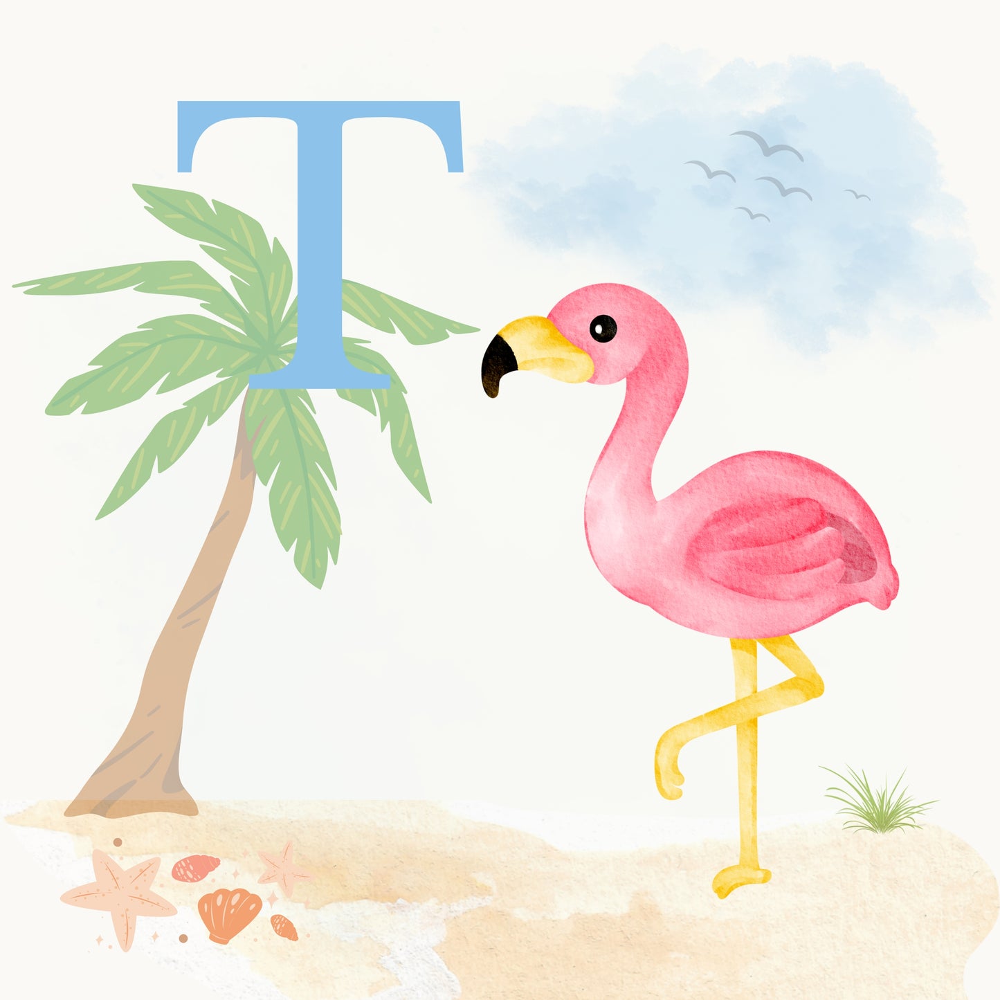 Flamingo Coastal Alphabet Printable Art - Blue