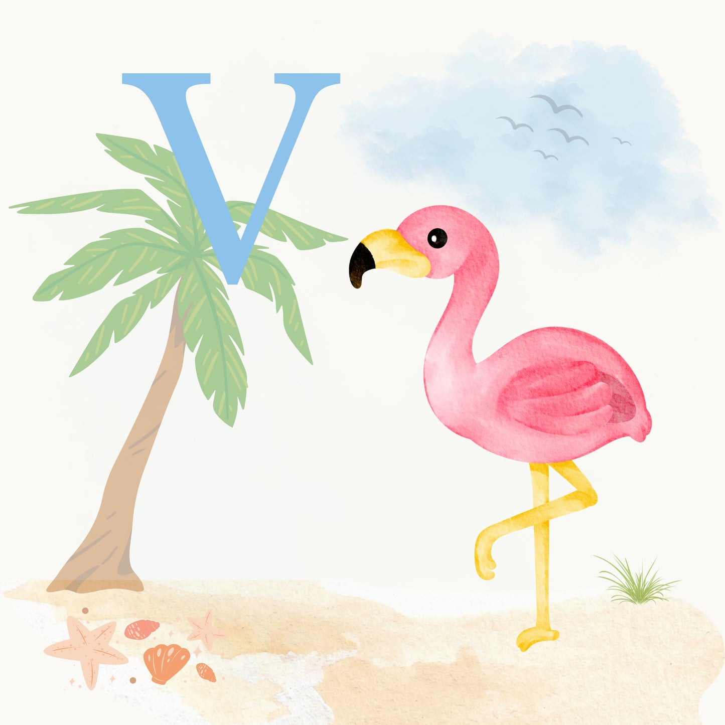 Flamingo Coastal Alphabet Printable Art - Blue