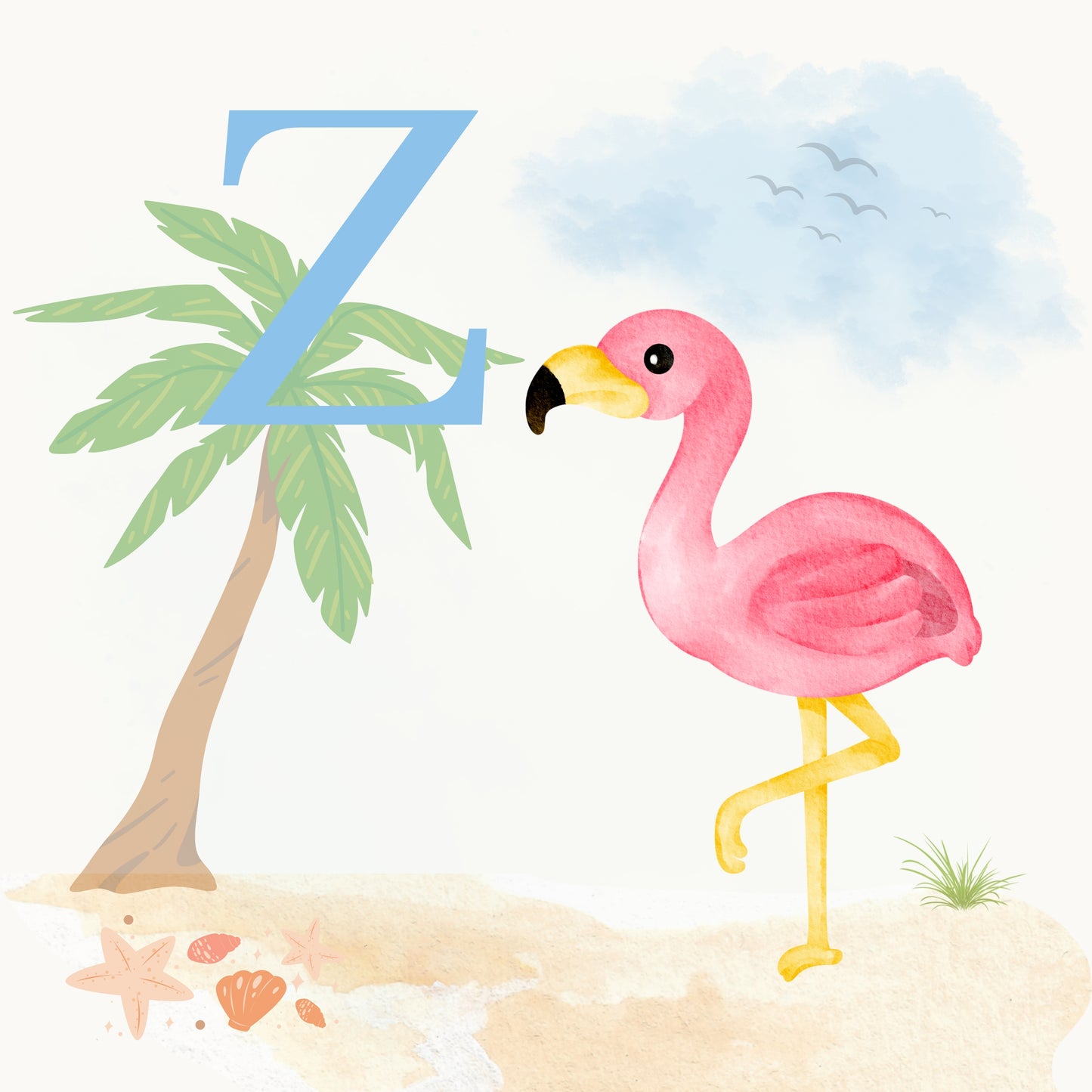 Flamingo Coastal Alphabet Printable Art - Blue