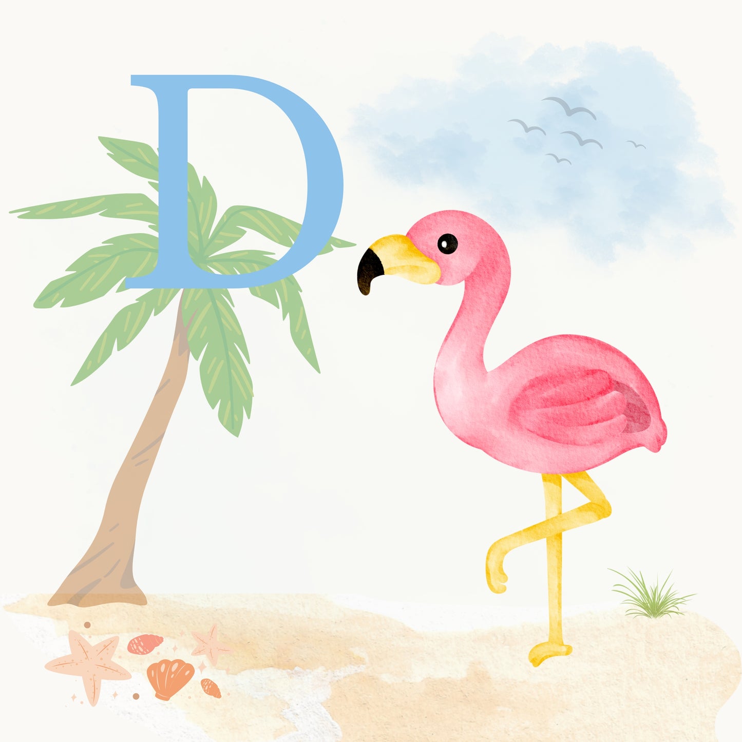Flamingo Coastal Alphabet Printable Art - Blue