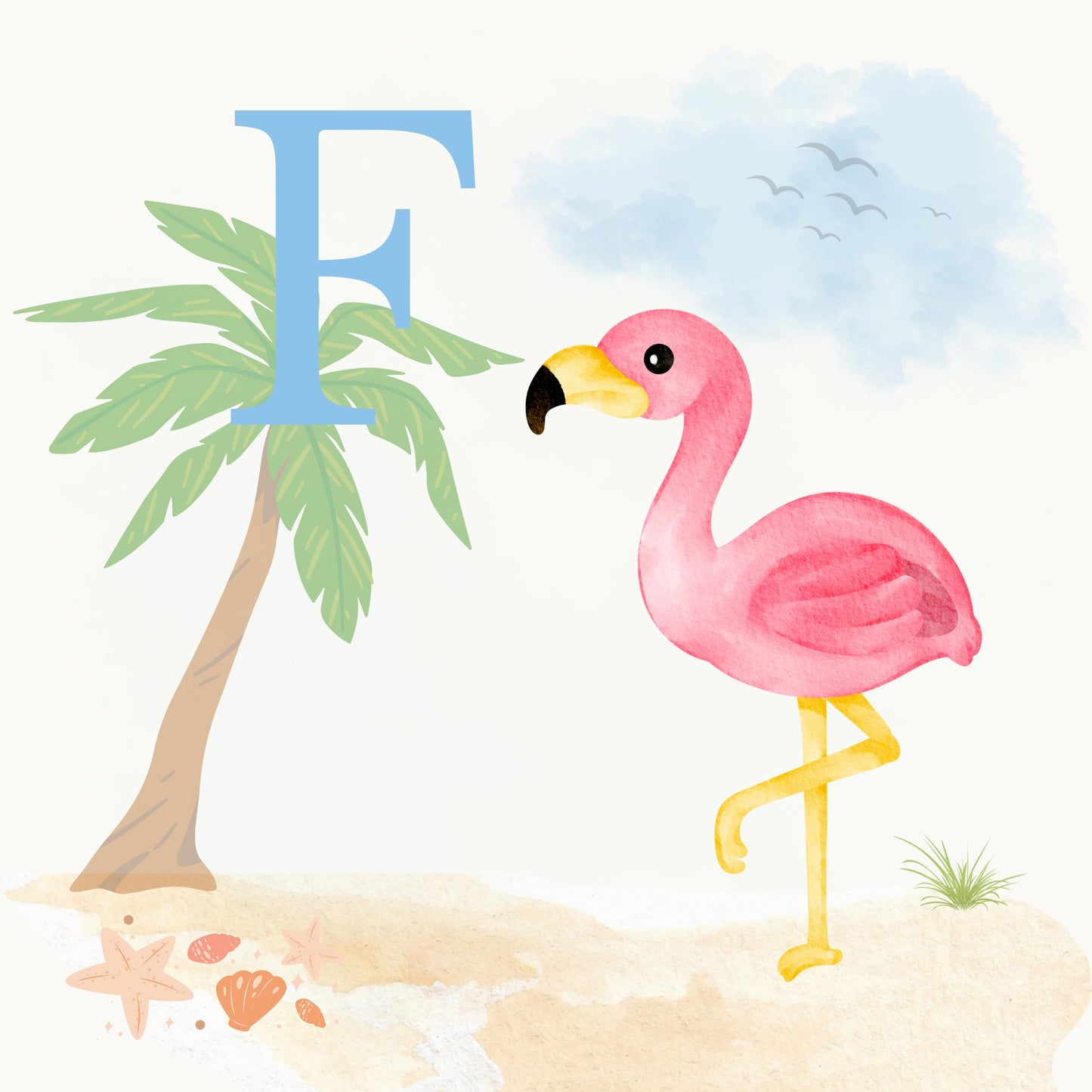 Flamingo Coastal Alphabet Printable Art - Blue