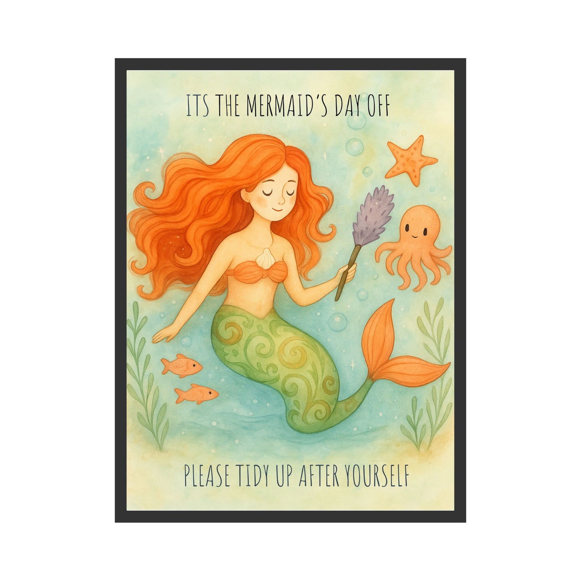 ramed Mermaid Day Off printable wall art featuring a red-haired mermaid with sea creatures, coastal digital download for beach house or ocean-themed decor.