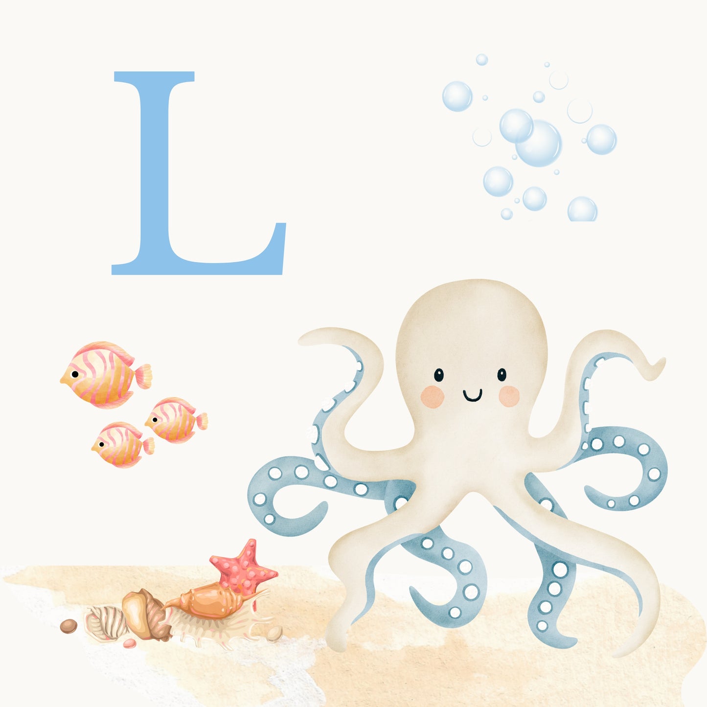 Octopus Coastal Alphabet Printable Art - Blue