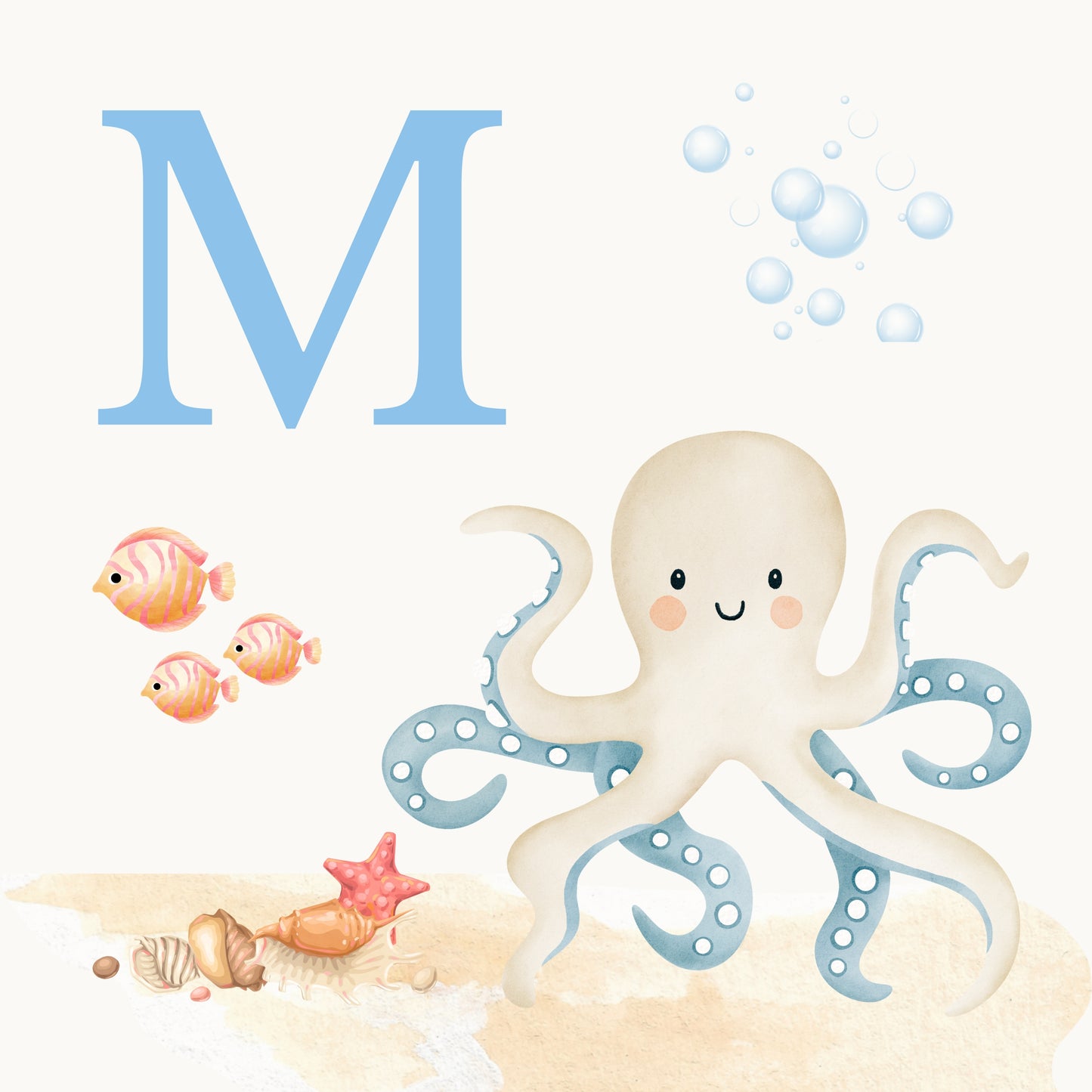 Octopus Coastal Alphabet Printable Art - Blue