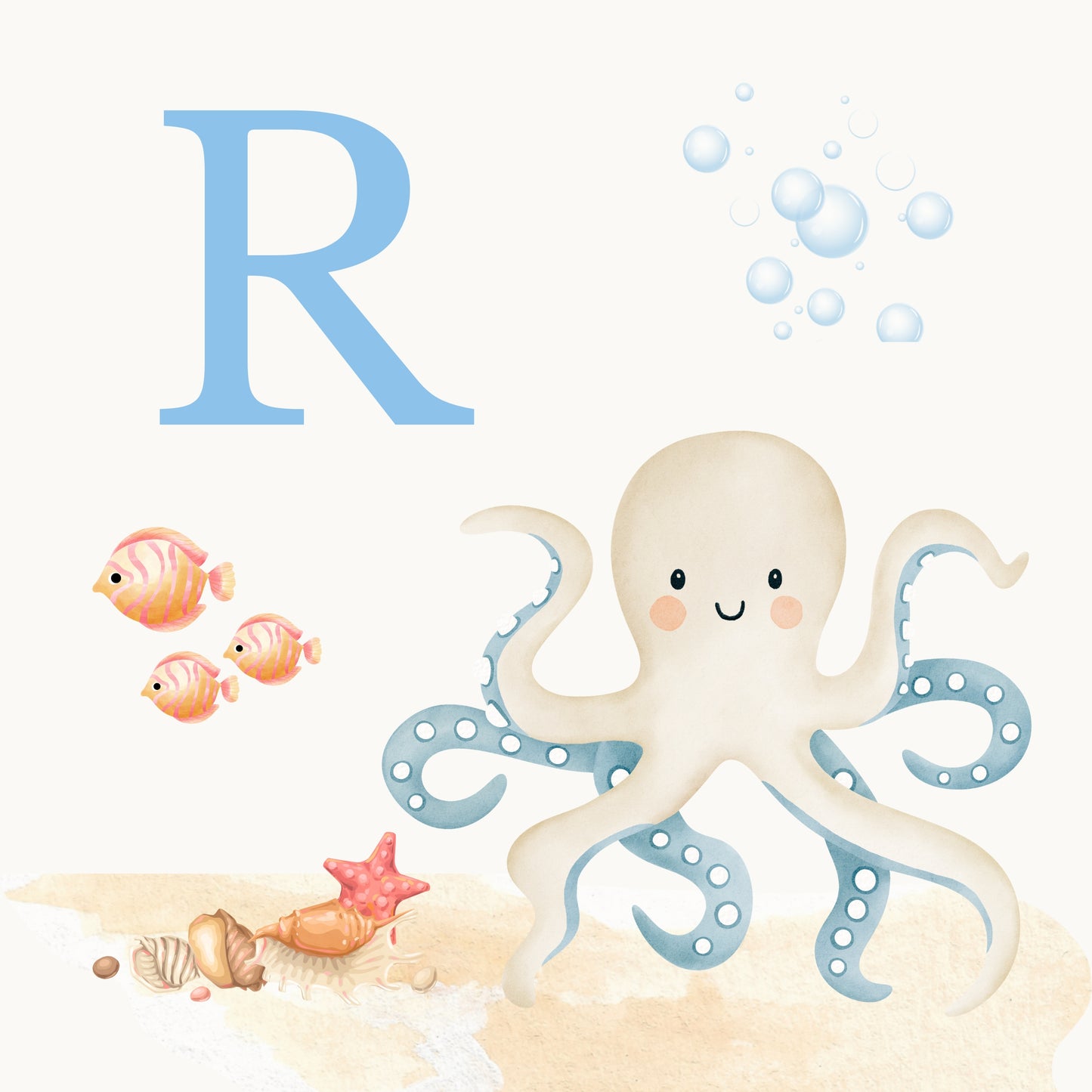 Octopus Coastal Alphabet Printable Art - Blue