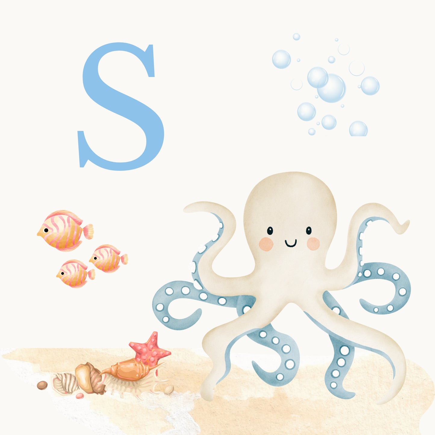 Octopus Coastal Alphabet Printable Art - Blue