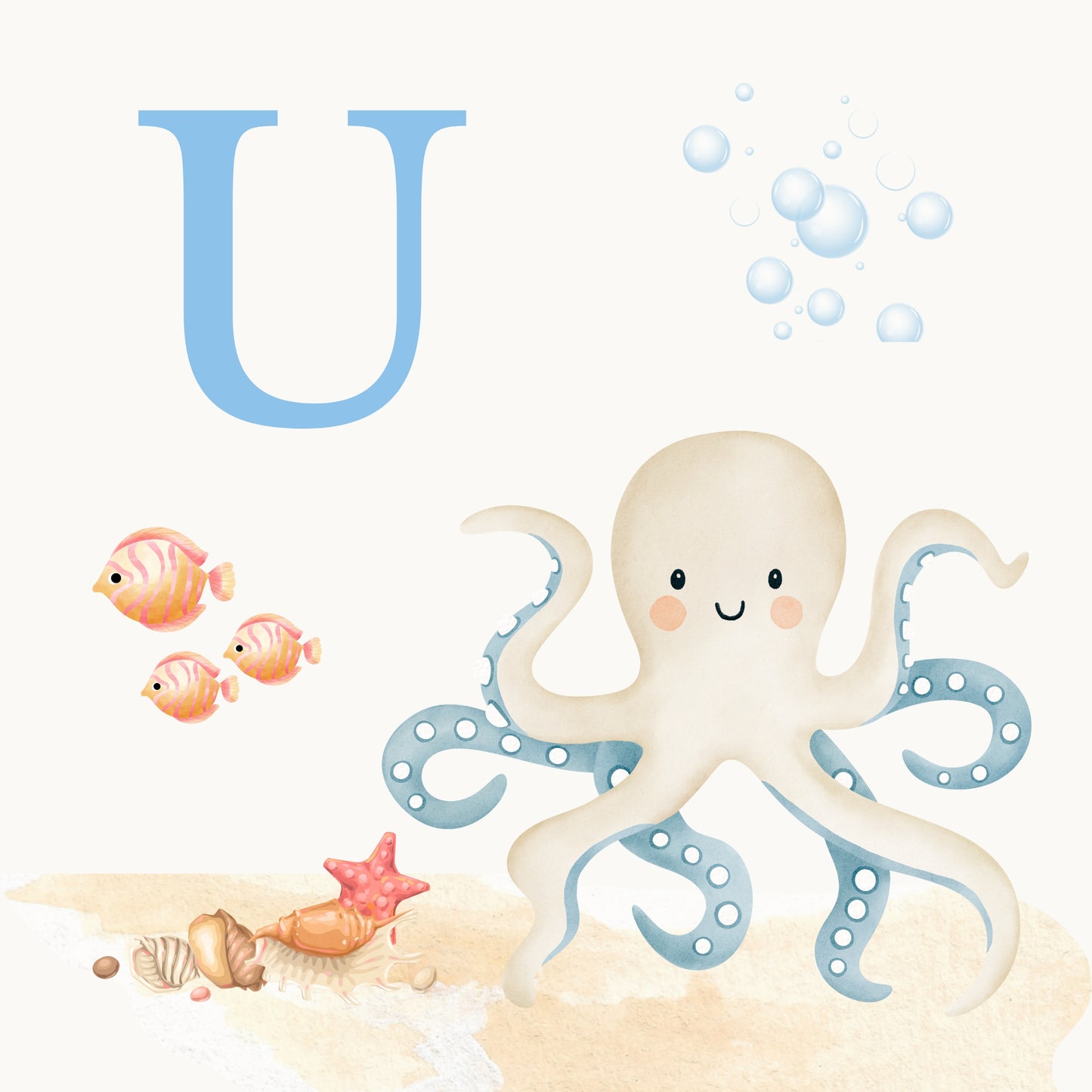 Octopus Coastal Alphabet Printable Art - Blue