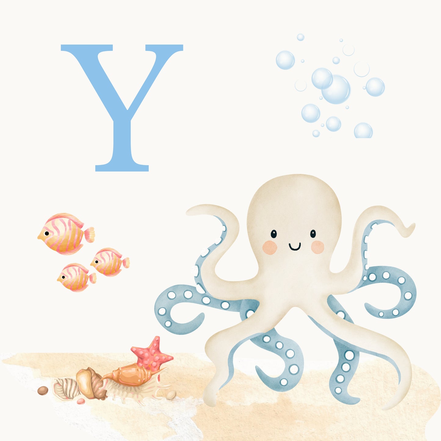 Octopus Coastal Alphabet Printable Art - Blue