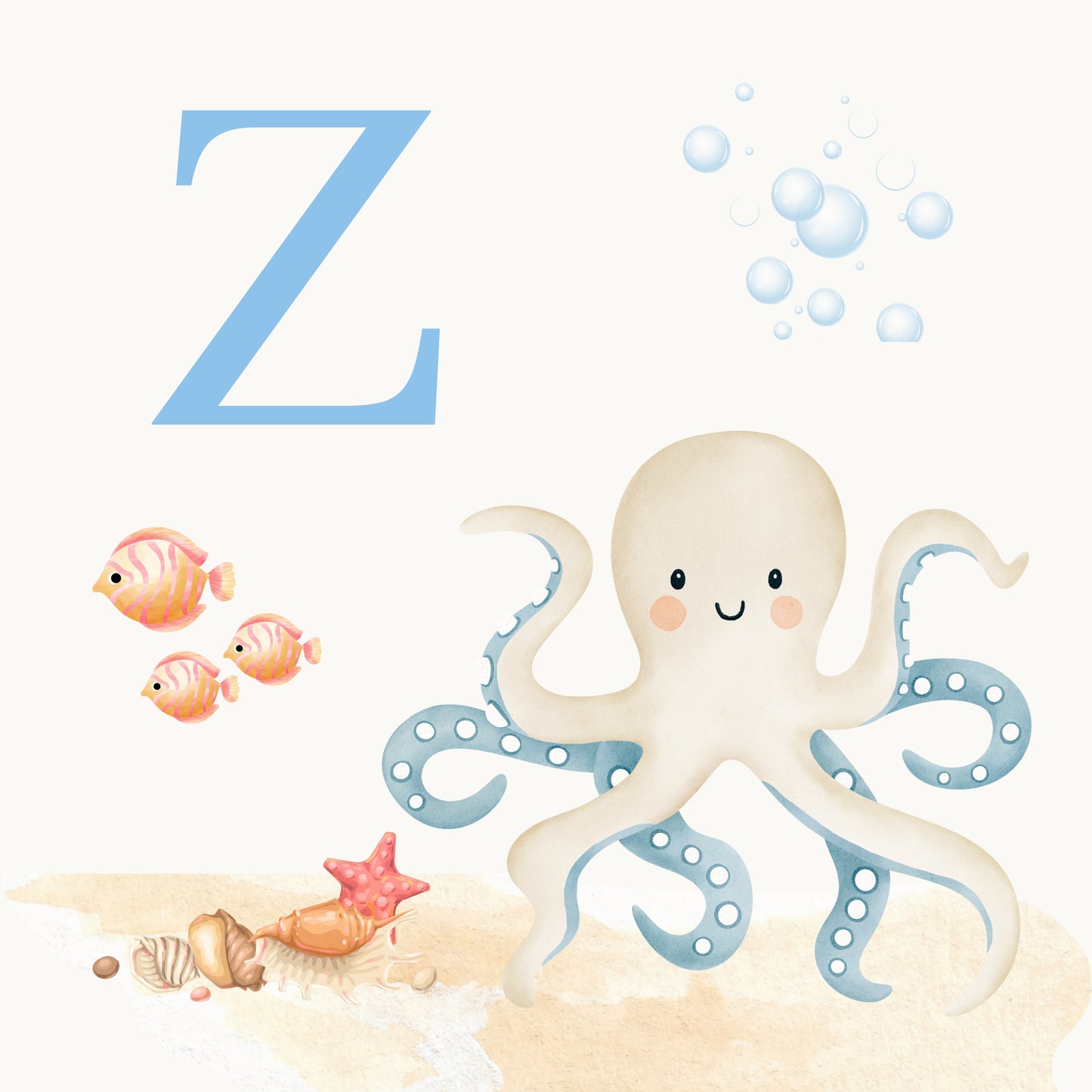 Octopus Coastal Alphabet Printable Art - Blue