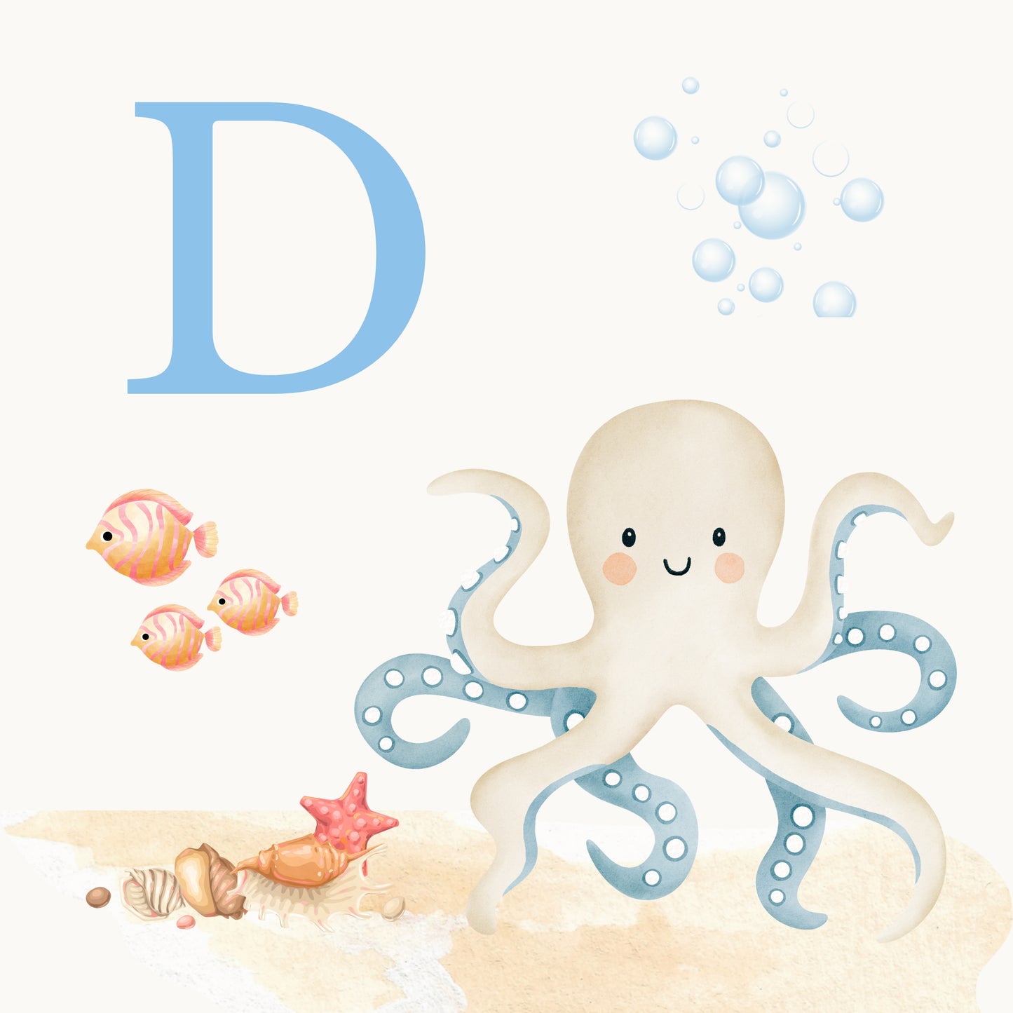Octopus Coastal Alphabet Printable Art - Blue
