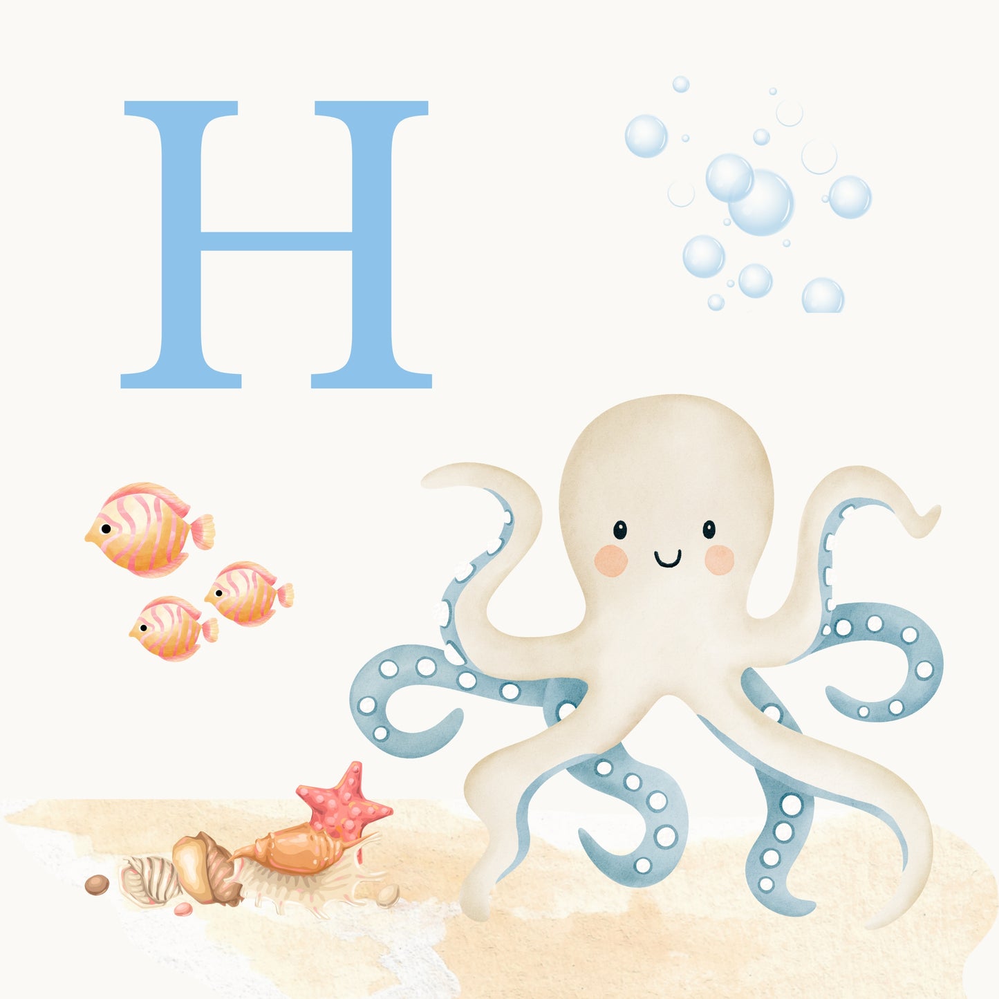 Octopus Coastal Alphabet Printable Art - Blue