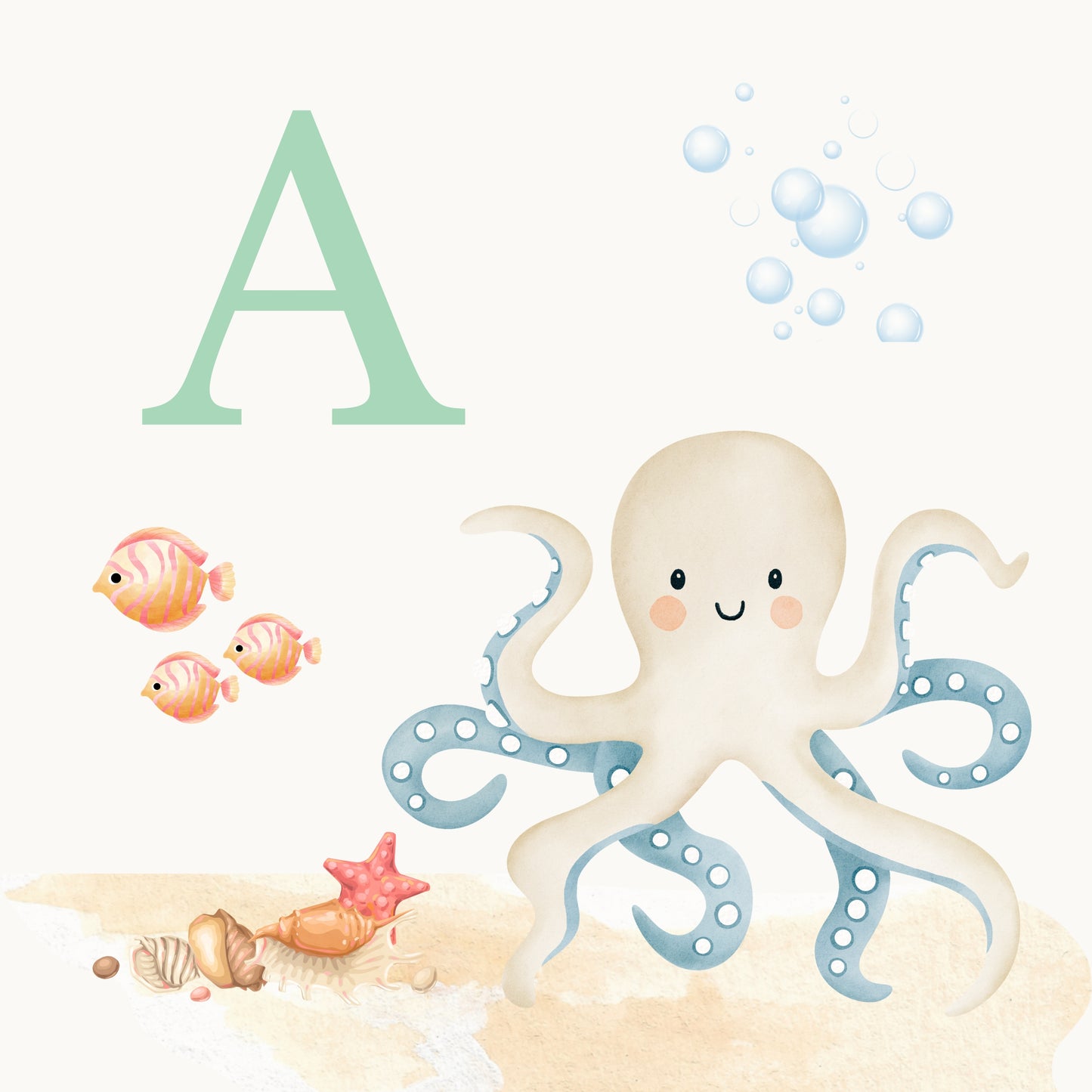 Octopus Coastal Alphabet Printable Art - Green