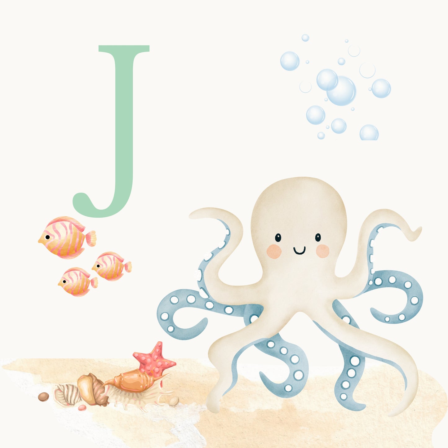 Octopus Coastal Alphabet Printable Art - Green