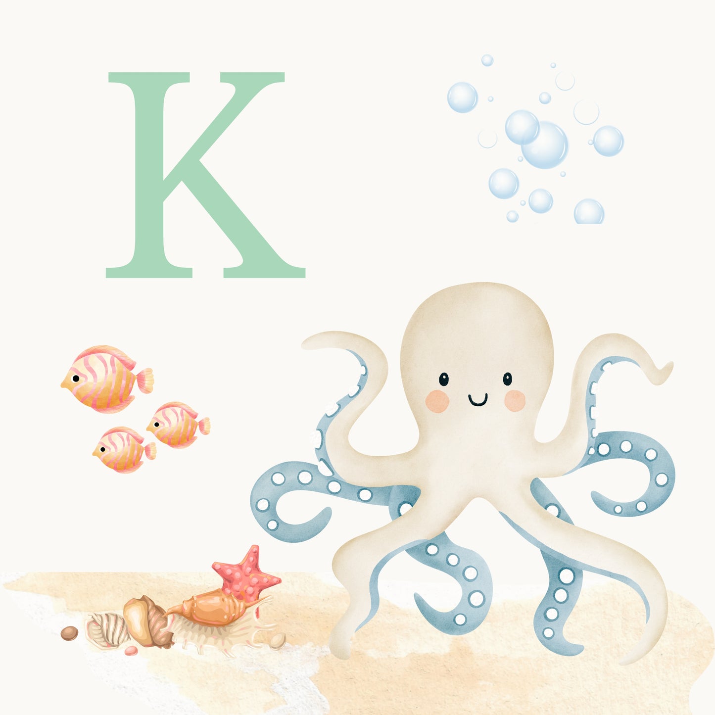 Octopus Coastal Alphabet Printable Art - Green