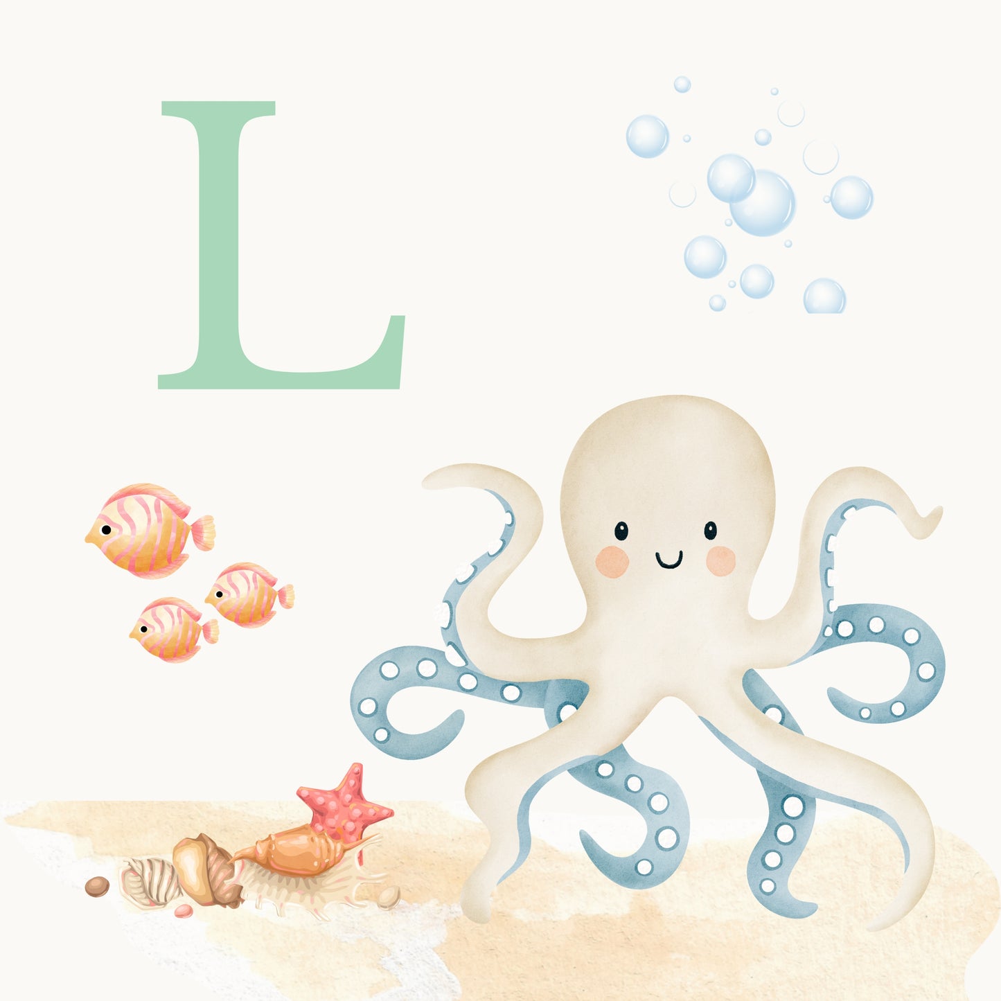 Octopus Coastal Alphabet Printable Art - Green