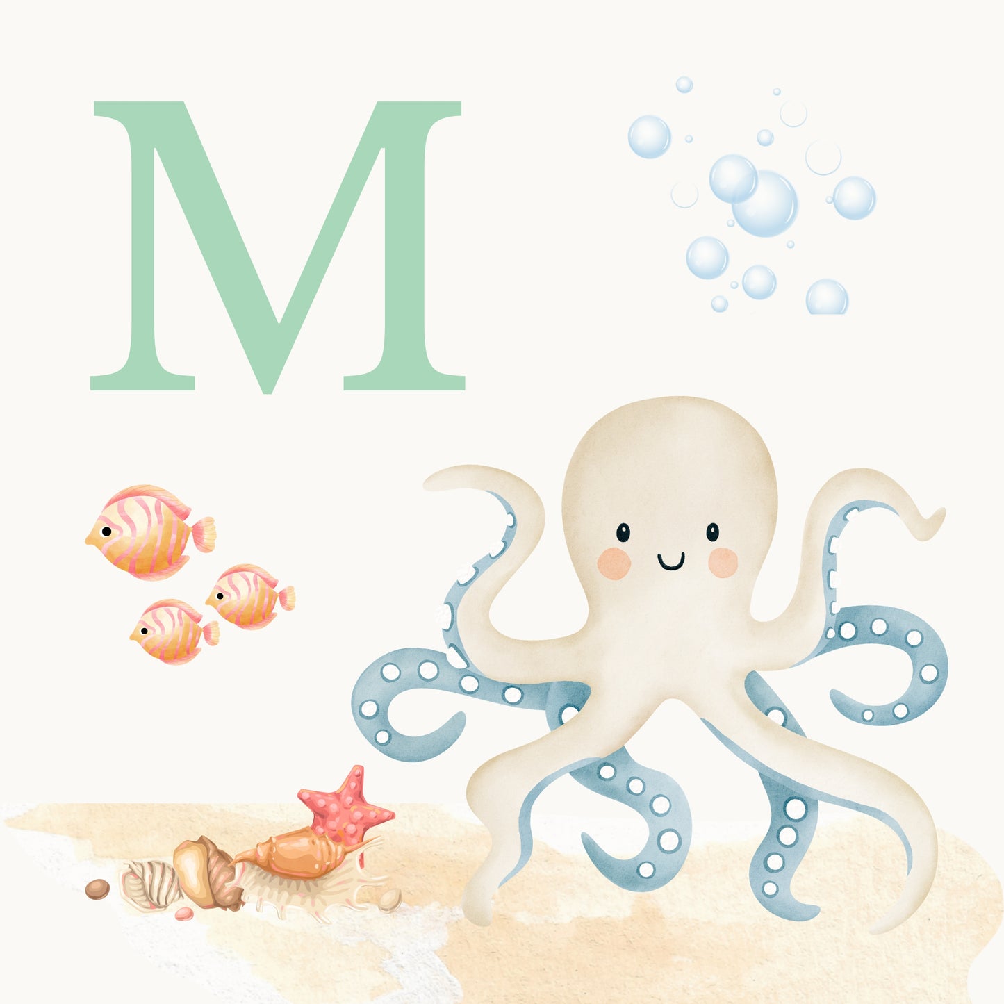 Octopus Coastal Alphabet Printable Art - Green