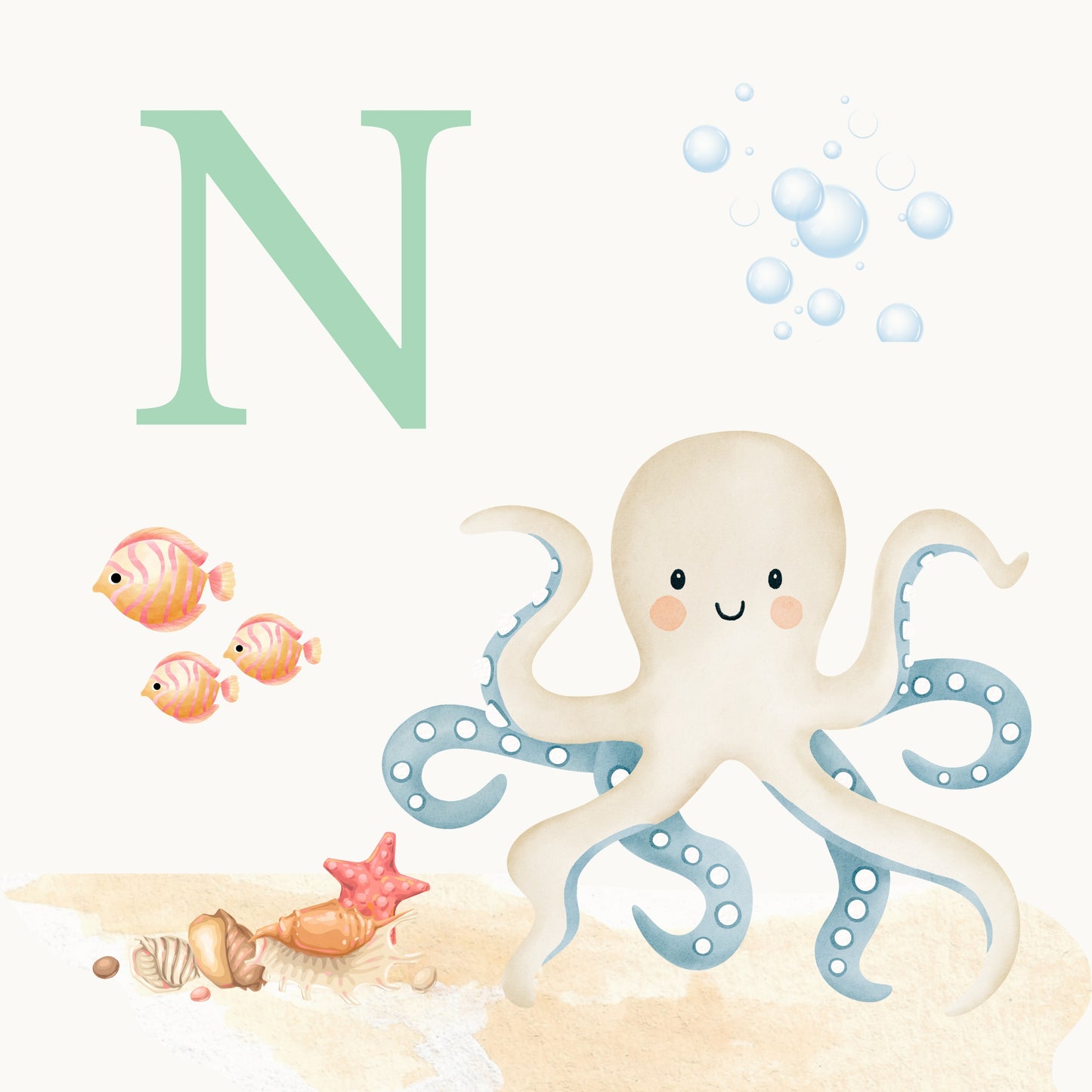 Octopus Coastal Alphabet Printable Art - Green