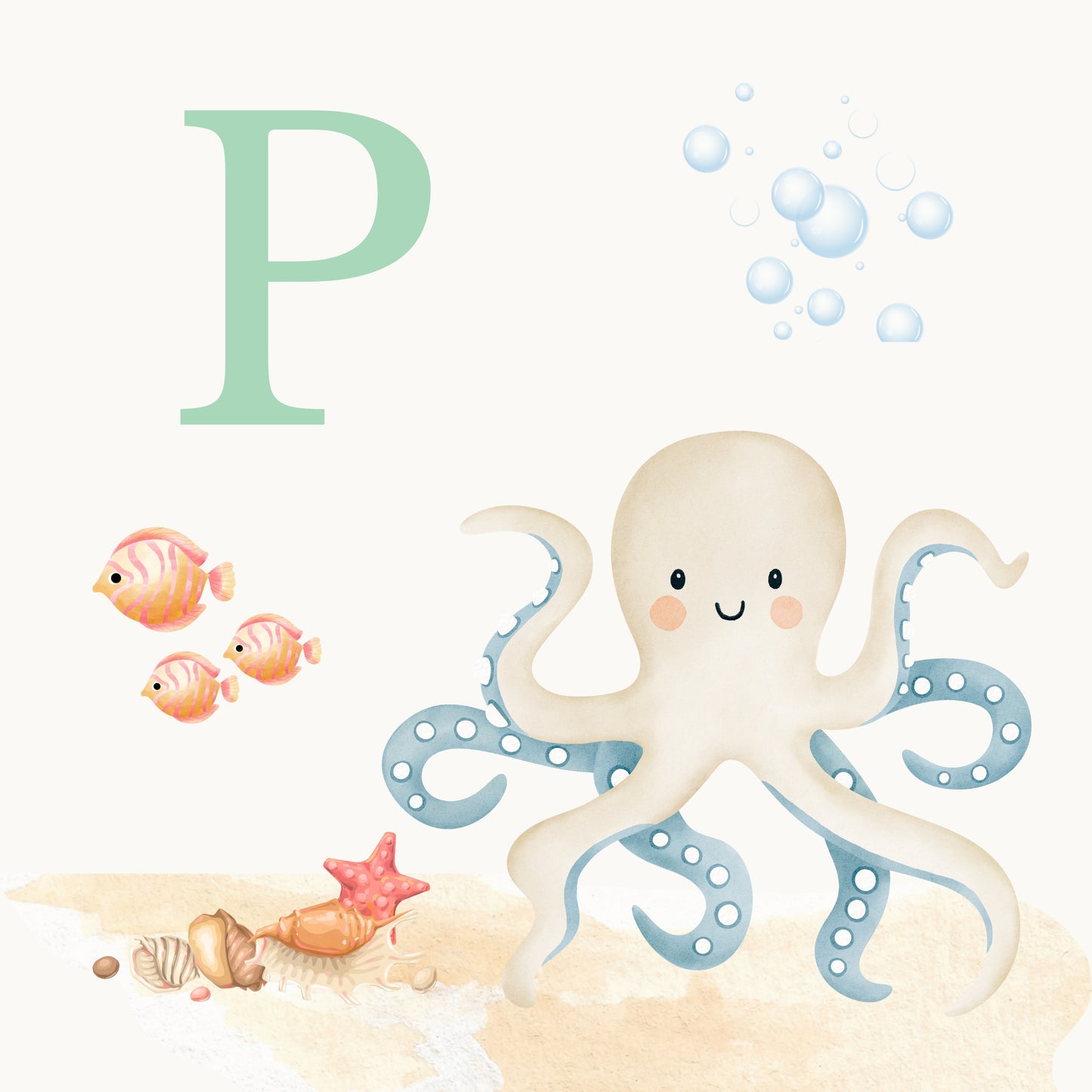 Octopus Coastal Alphabet Printable Art - Green
