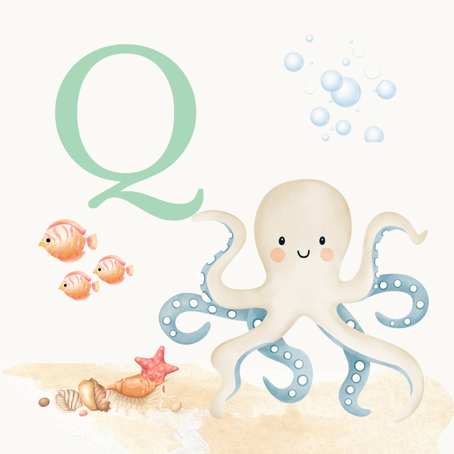 Octopus Coastal Alphabet Printable Art - Green