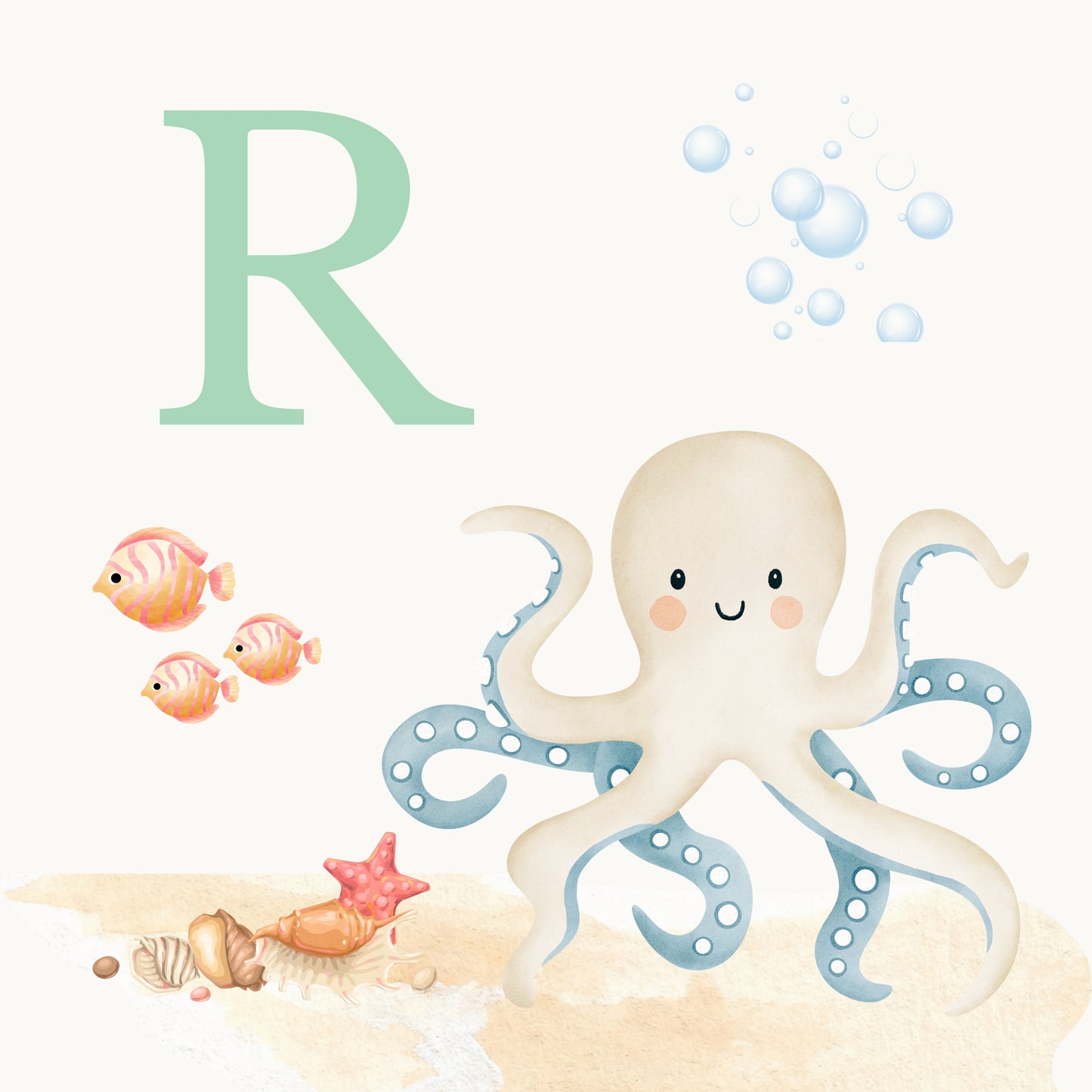 Octopus Coastal Alphabet Printable Art - Green