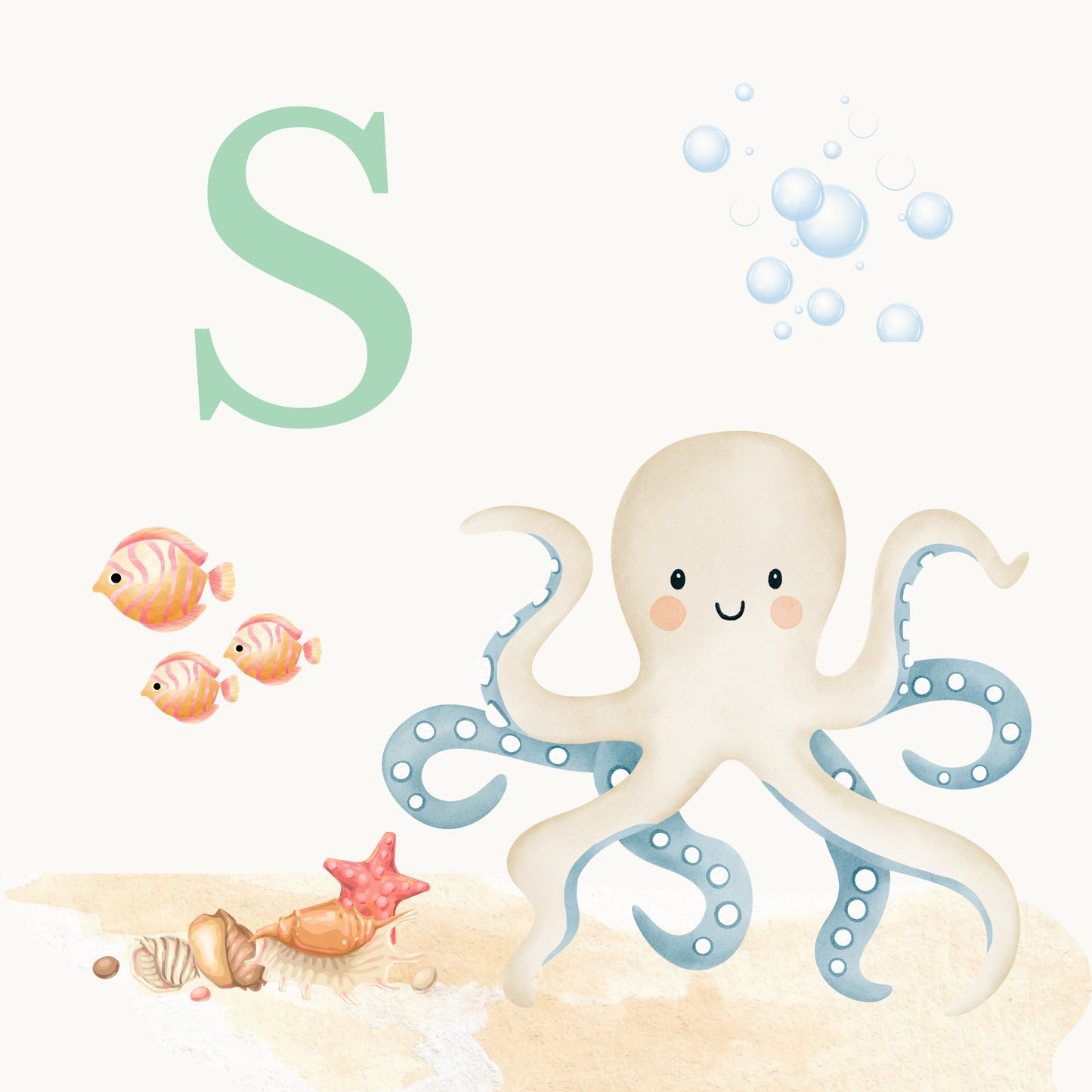 Octopus Coastal Alphabet Printable Art - Green