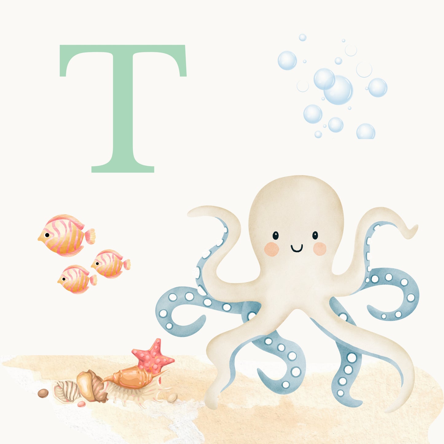 Octopus Coastal Alphabet Printable Art - Green