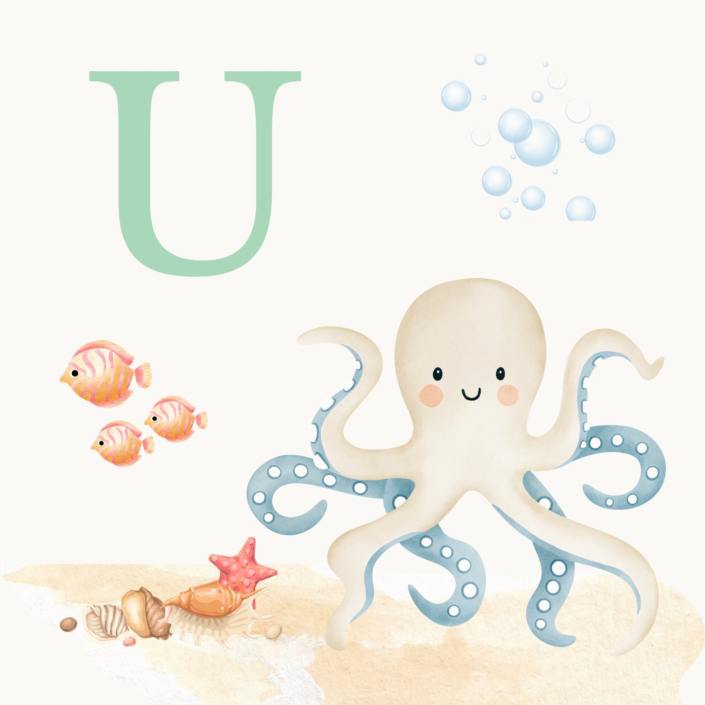 Octopus Coastal Alphabet Printable Art - Green