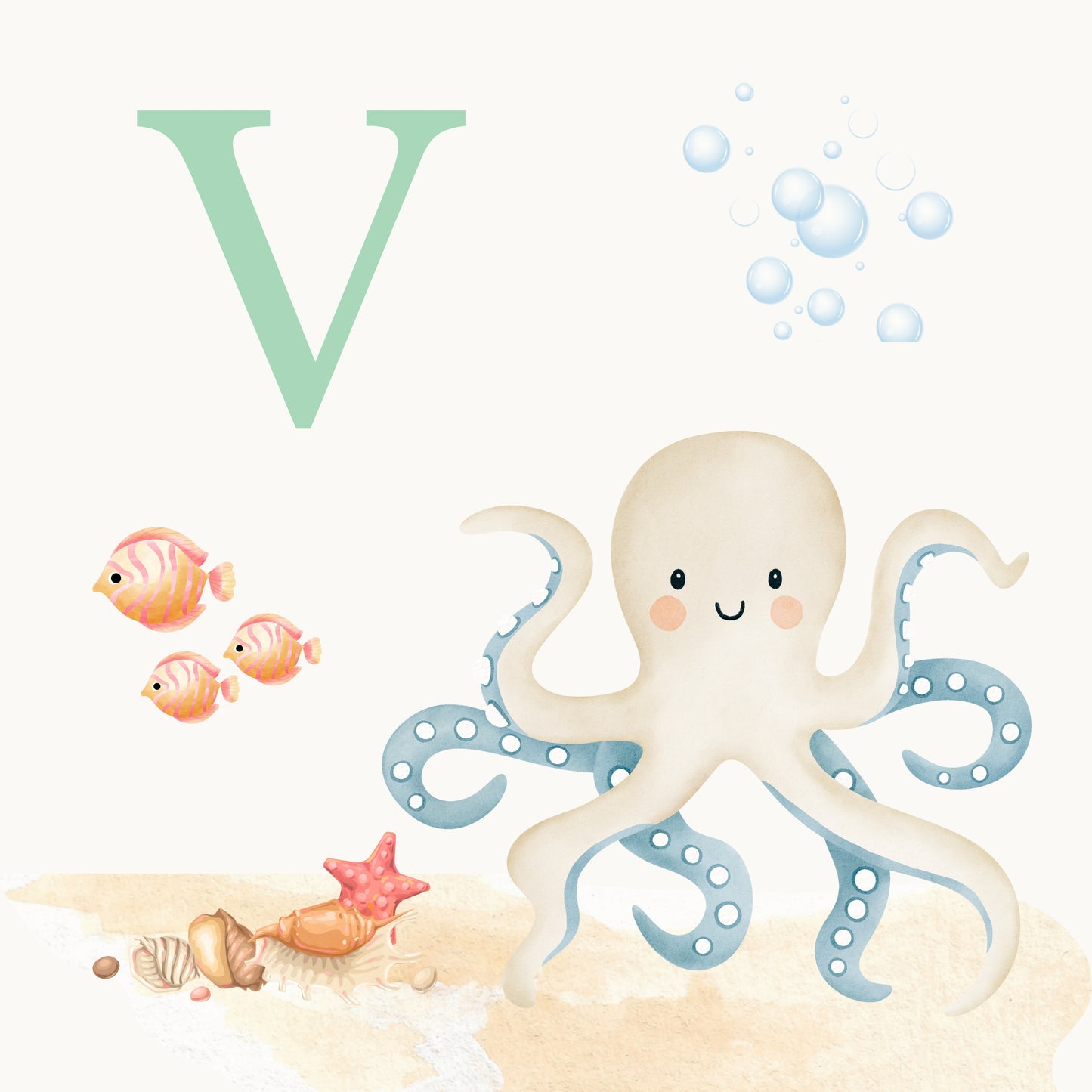 Octopus Coastal Alphabet Printable Art - Green