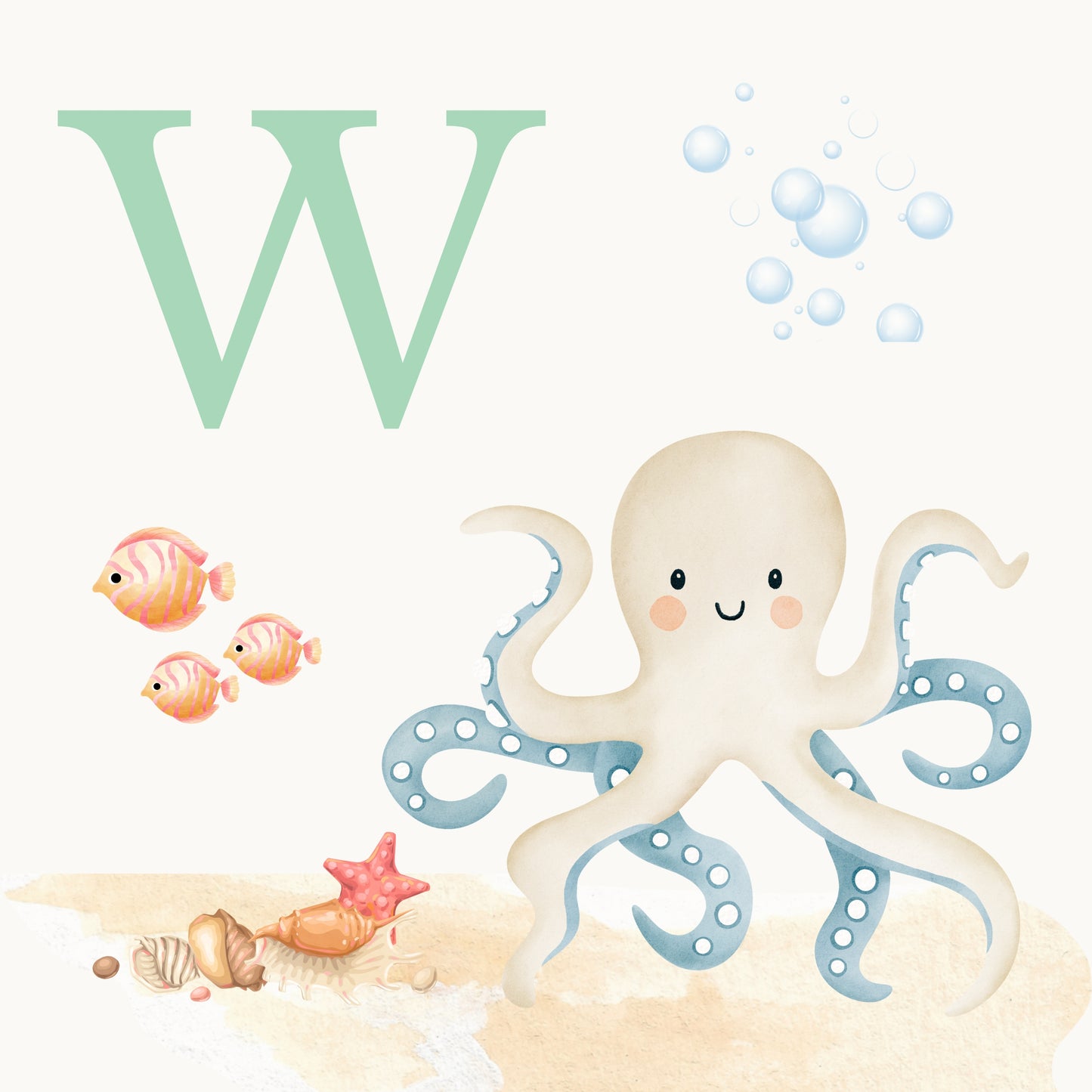 Octopus Coastal Alphabet Printable Art - Green