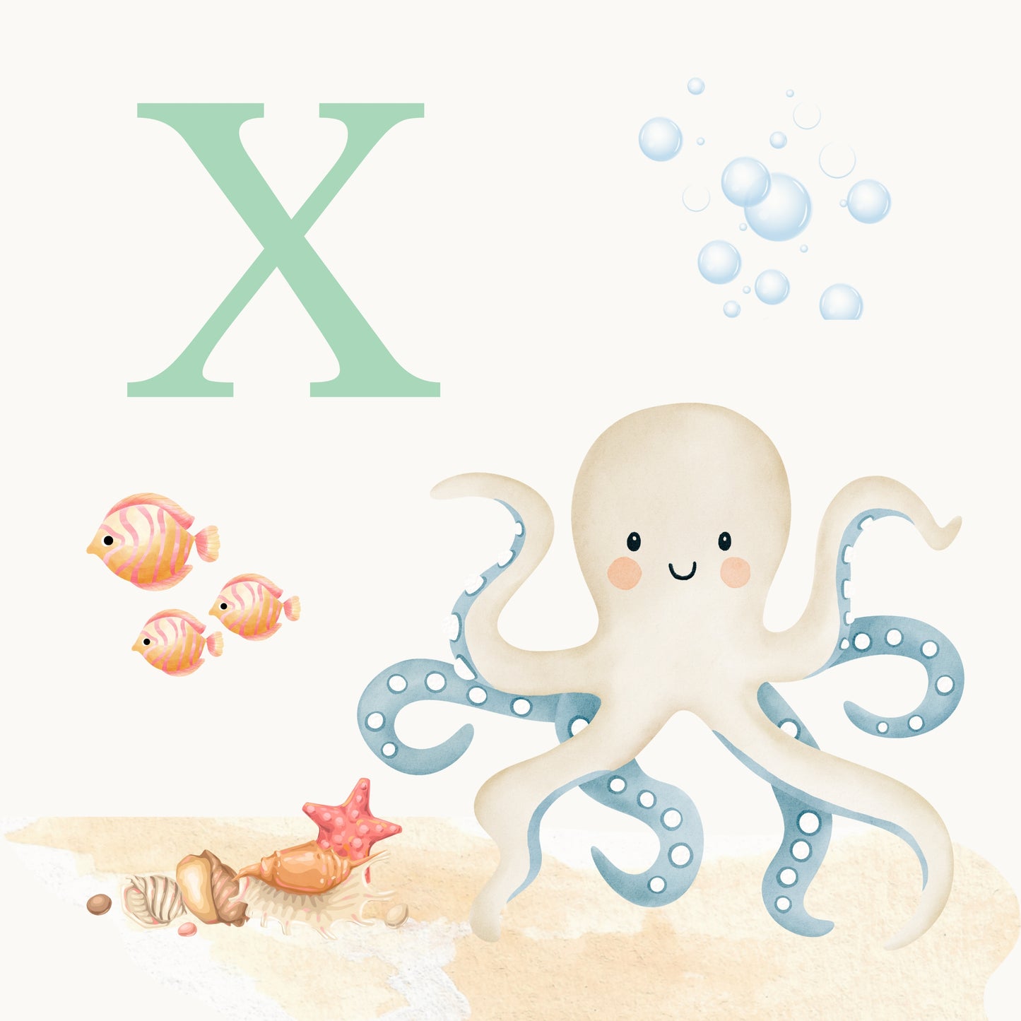 Octopus Coastal Alphabet Printable Art - Green