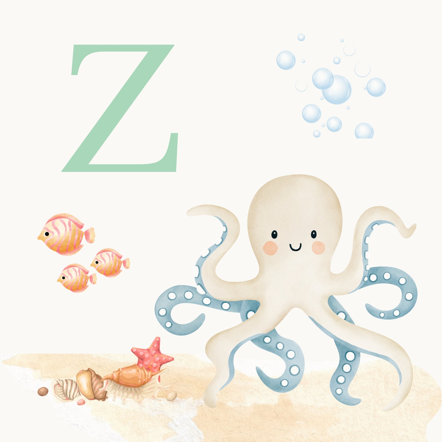 Octopus Coastal Alphabet Printable Art - Green