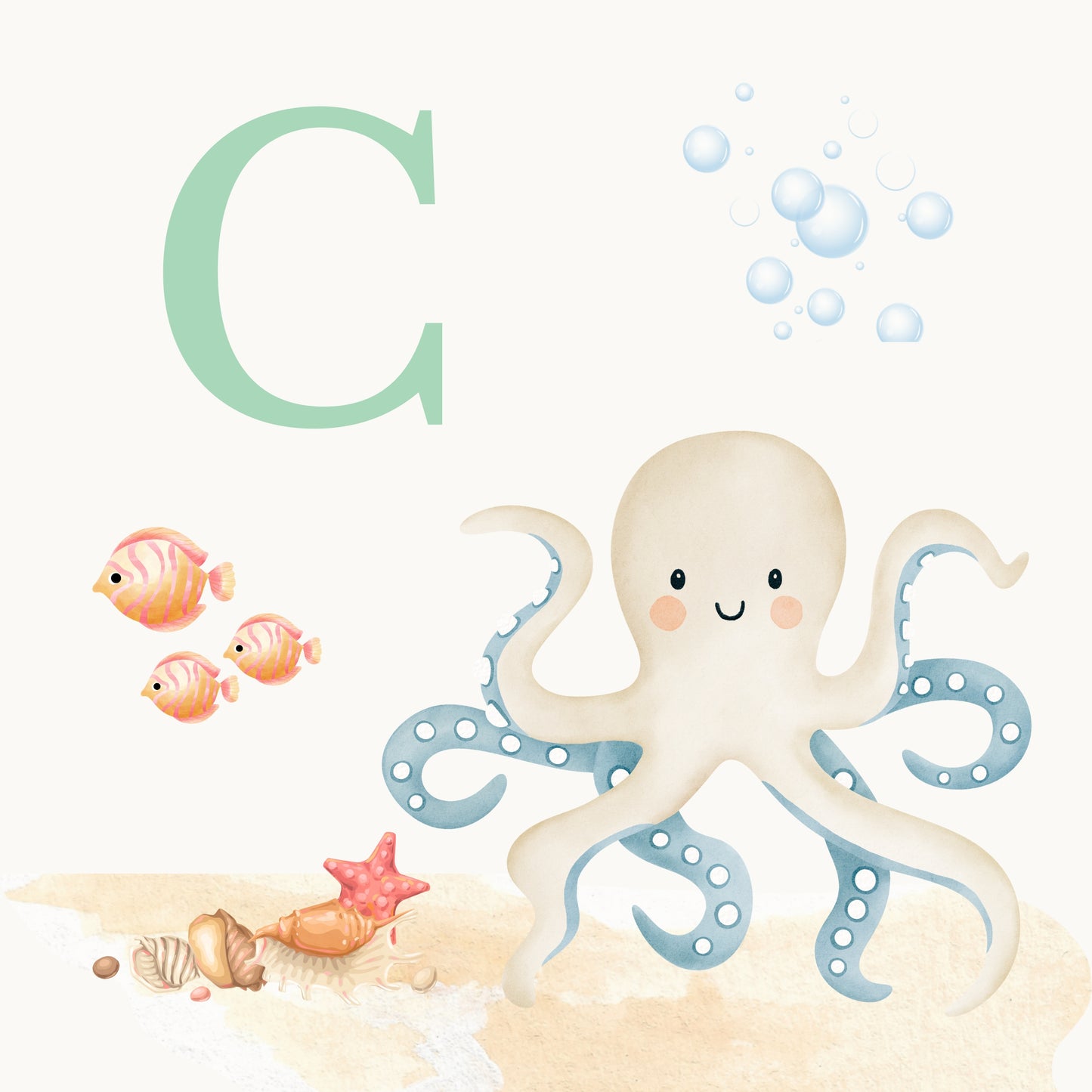 Octopus Coastal Alphabet Printable Art - Green