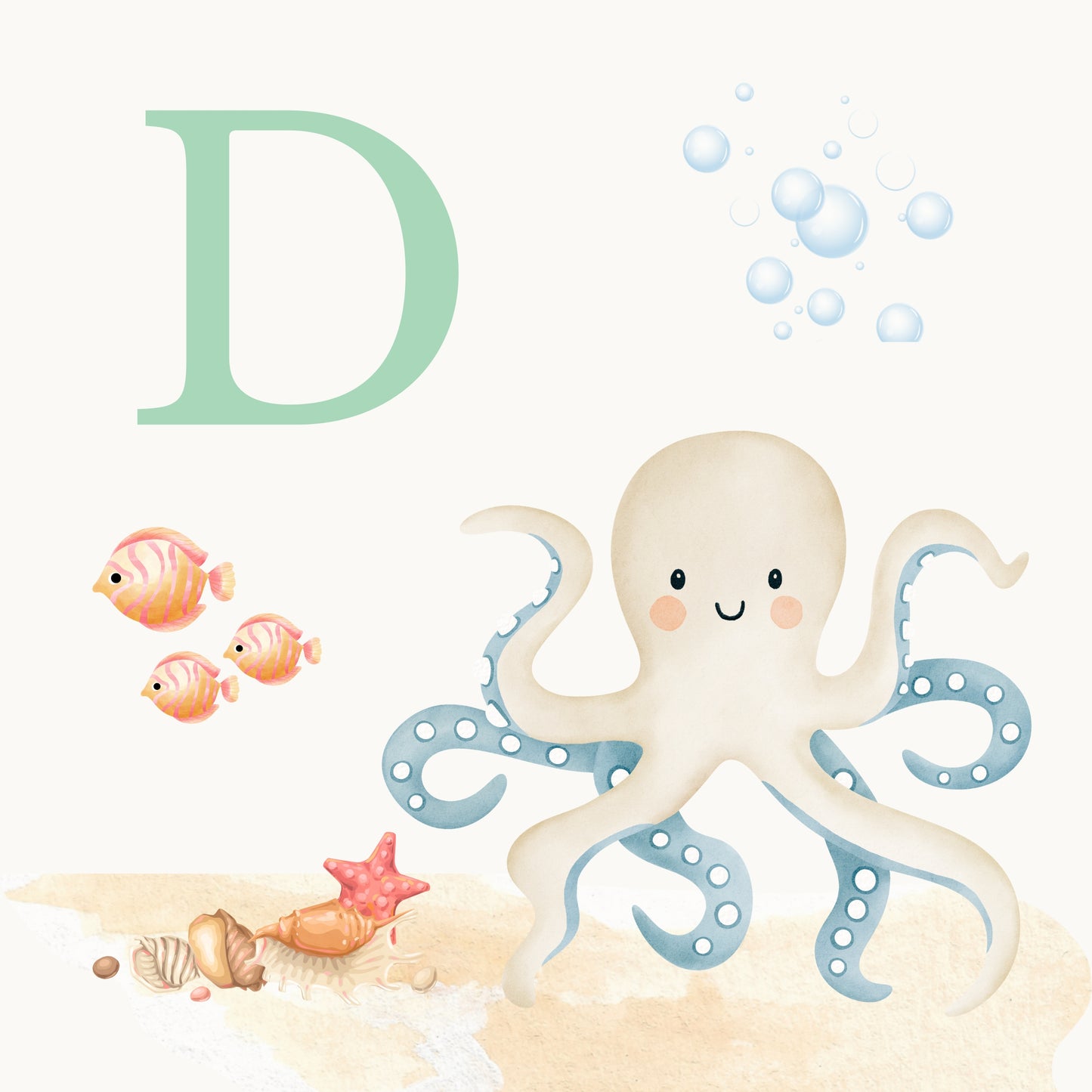 Octopus Coastal Alphabet Printable Art - Green
