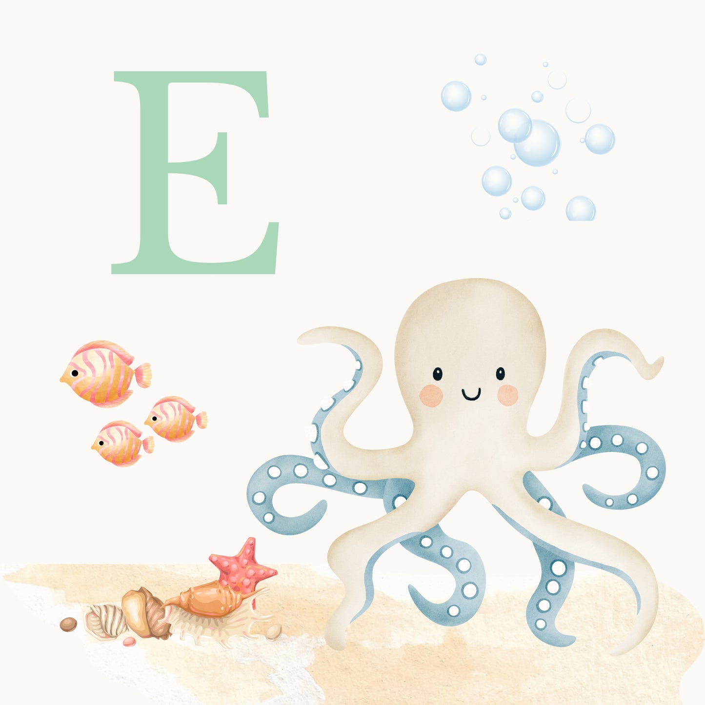 Octopus Coastal Alphabet Printable Art - Green