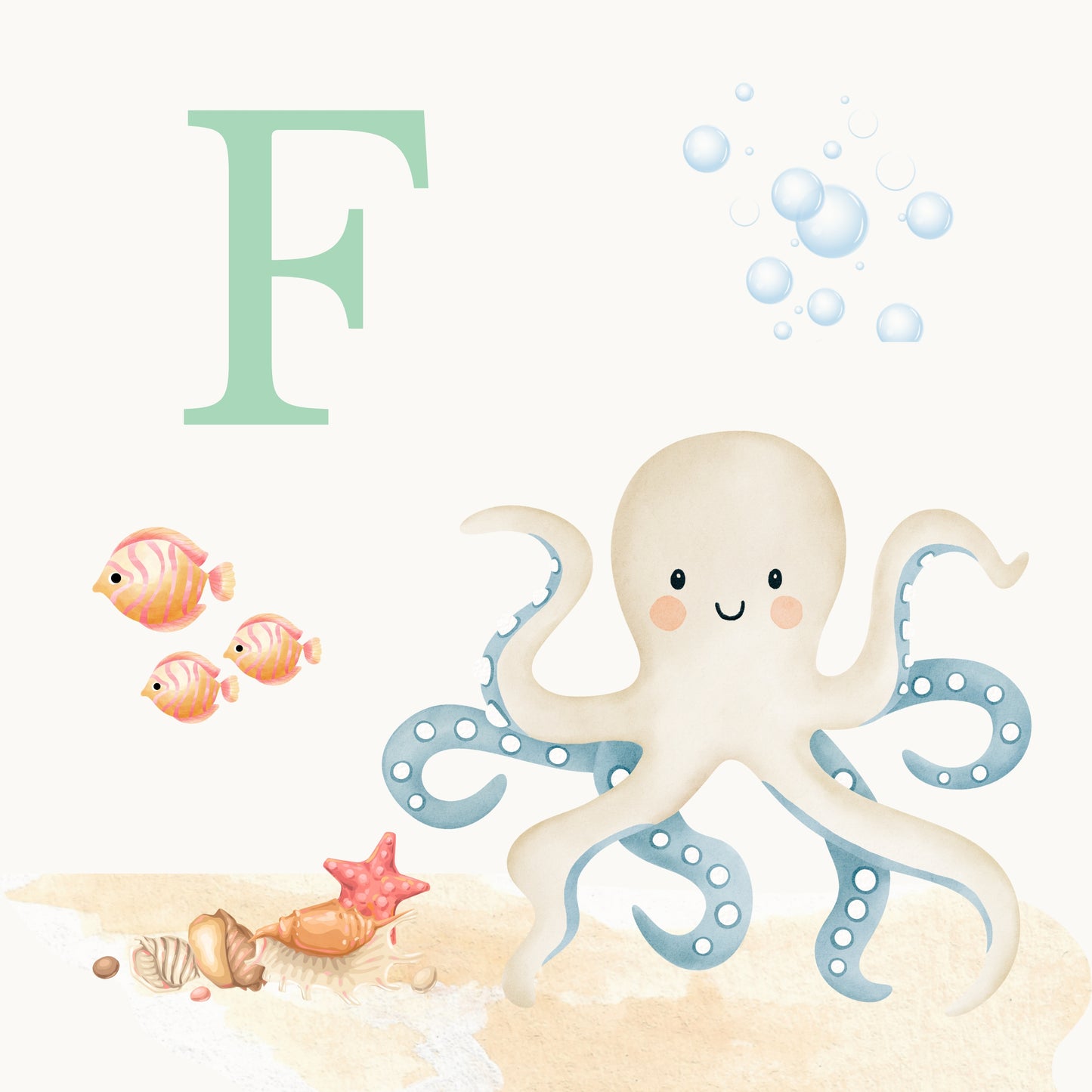 Octopus Coastal Alphabet Printable Art - Green