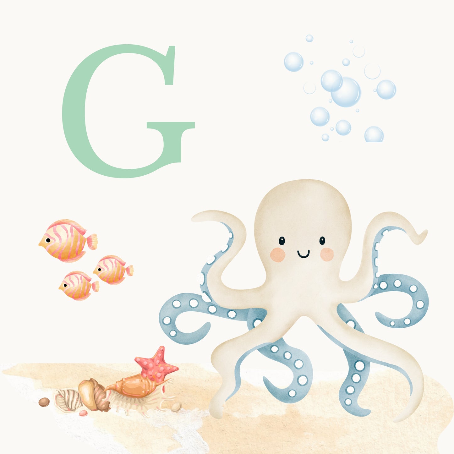Octopus Coastal Alphabet Printable Art - Green