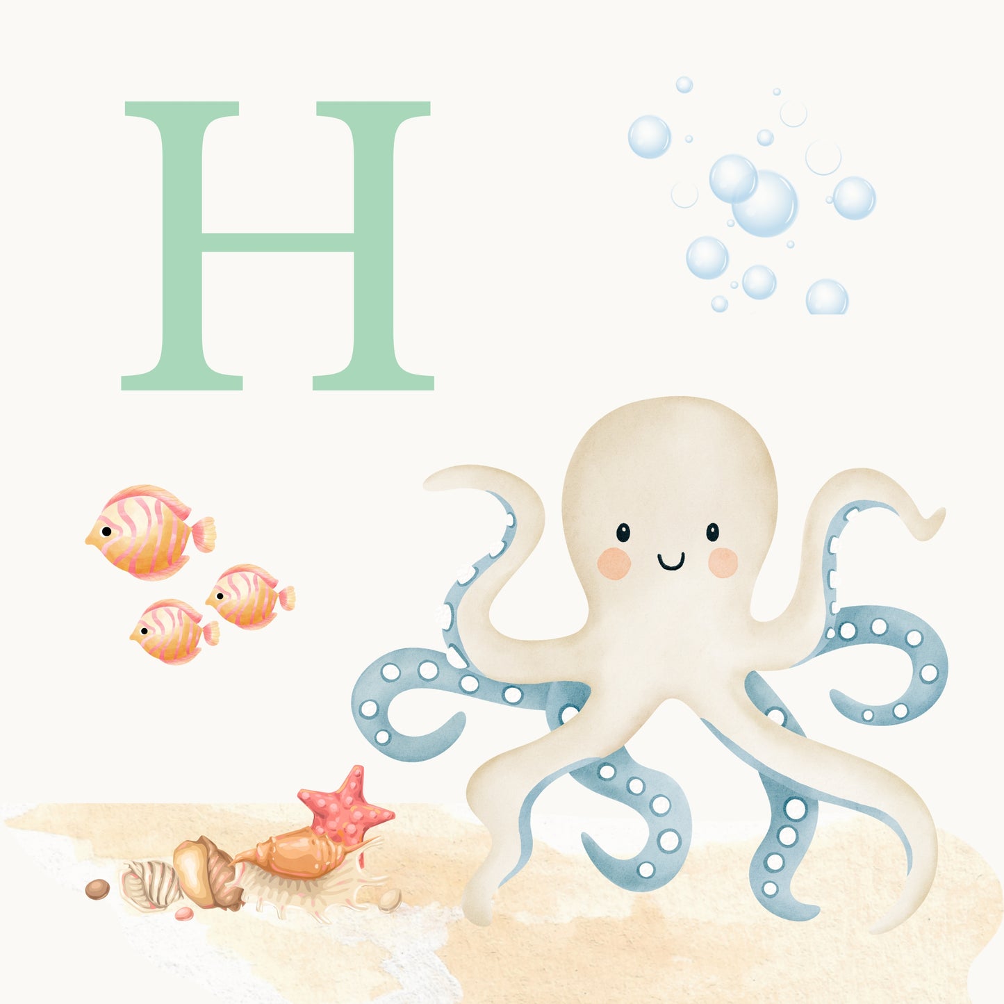 Octopus Coastal Alphabet Printable Art - Green