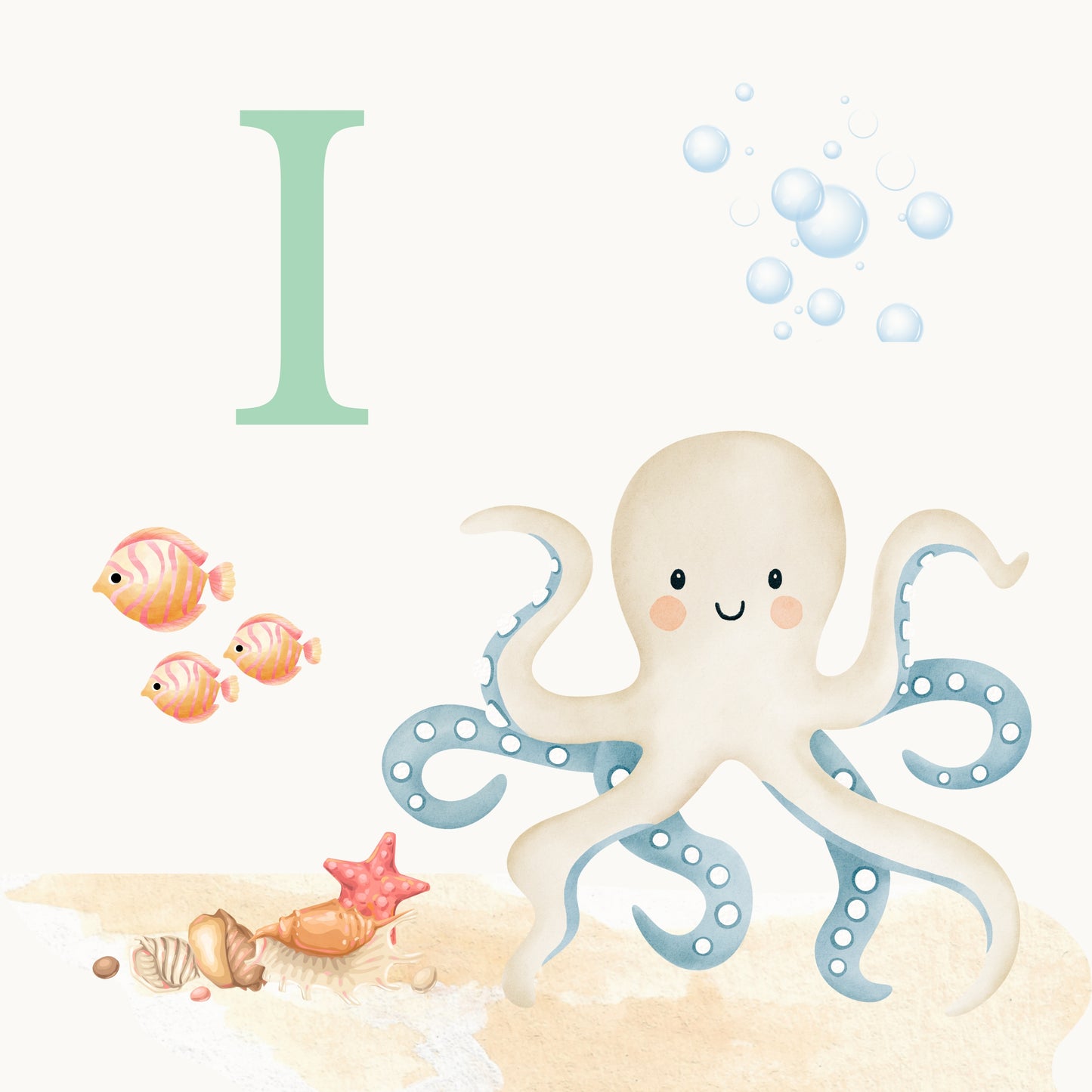 Octopus Coastal Alphabet Printable Art - Green
