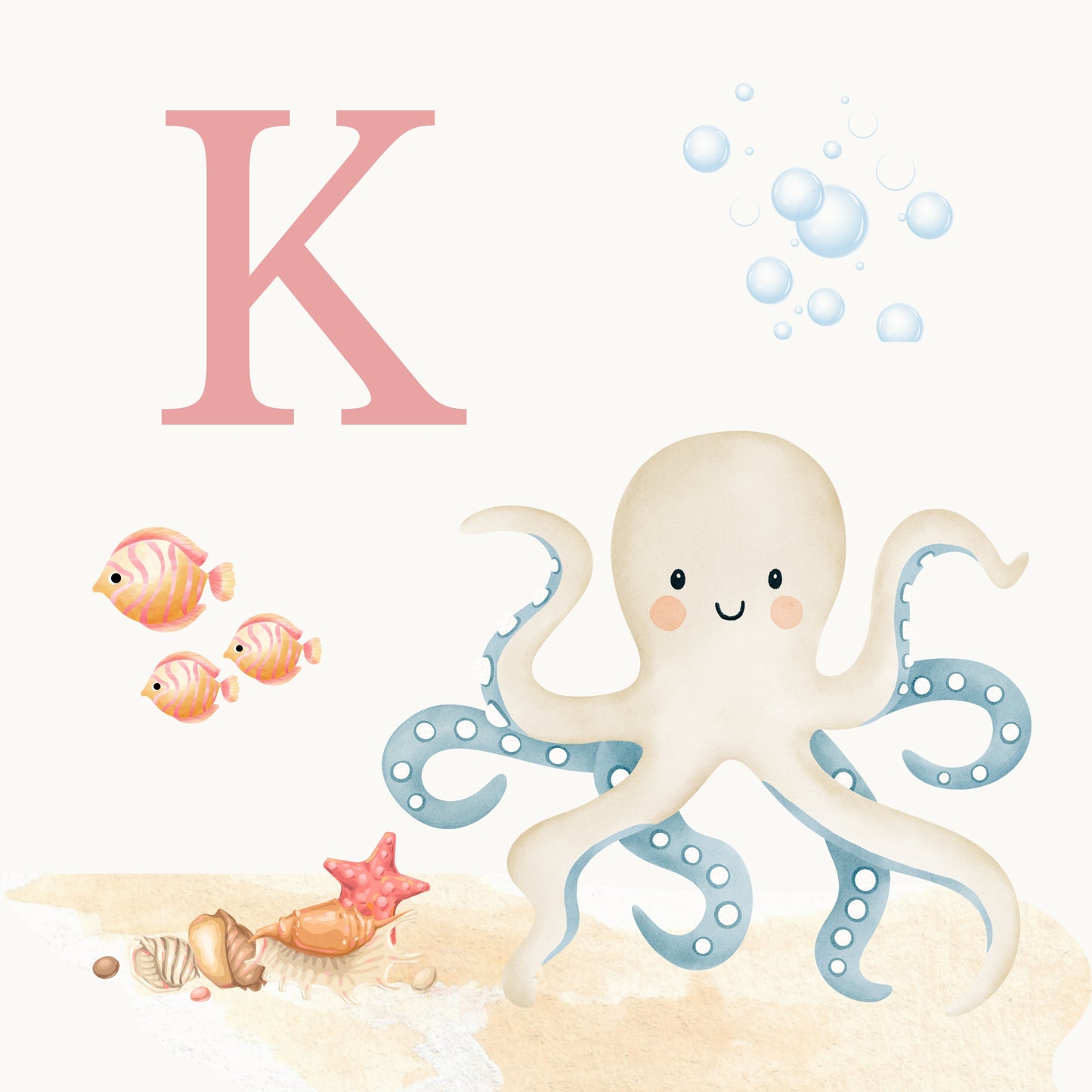 Octopus Coastal Alphabet Printable Art - Pink