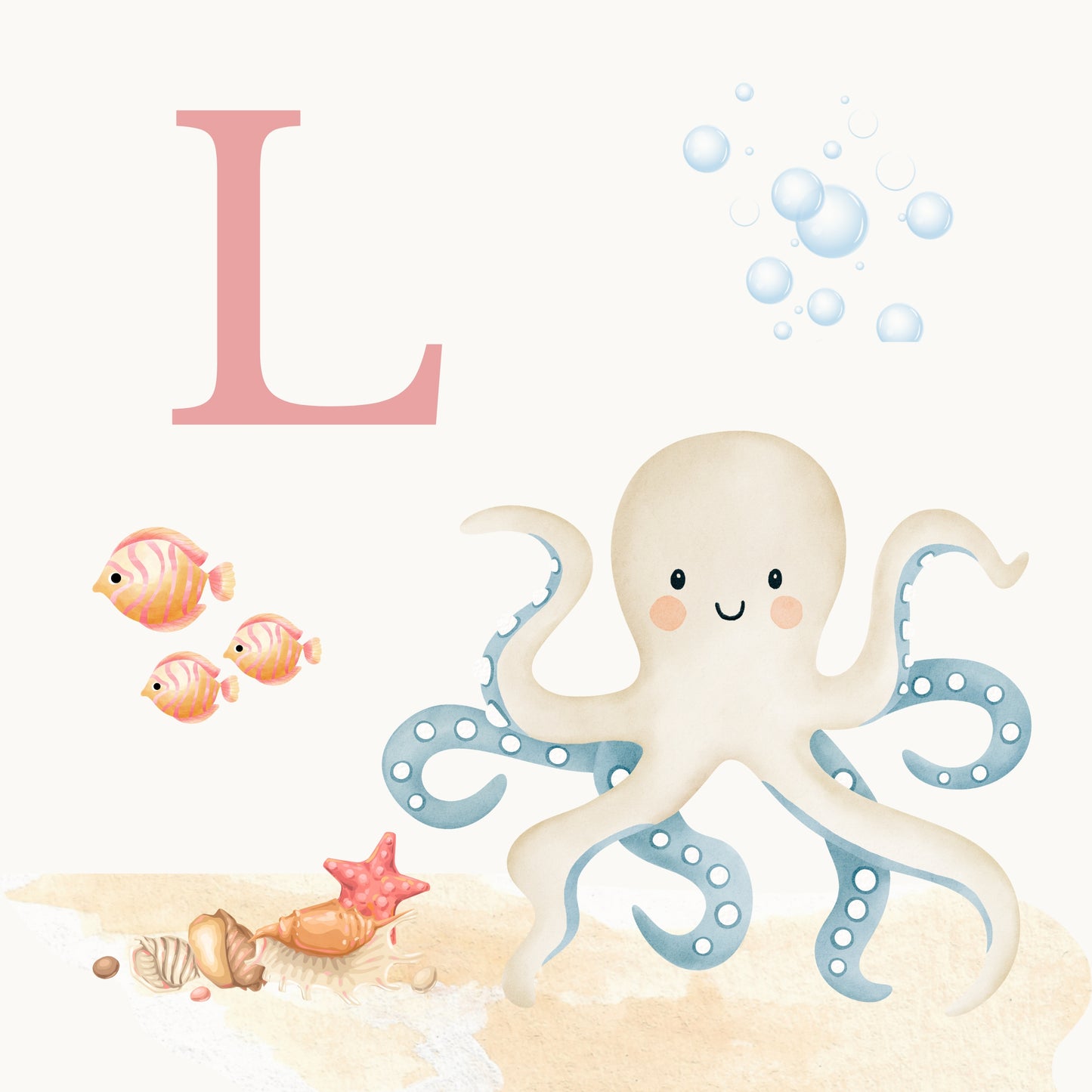 Octopus Coastal Alphabet Printable Art - Pink
