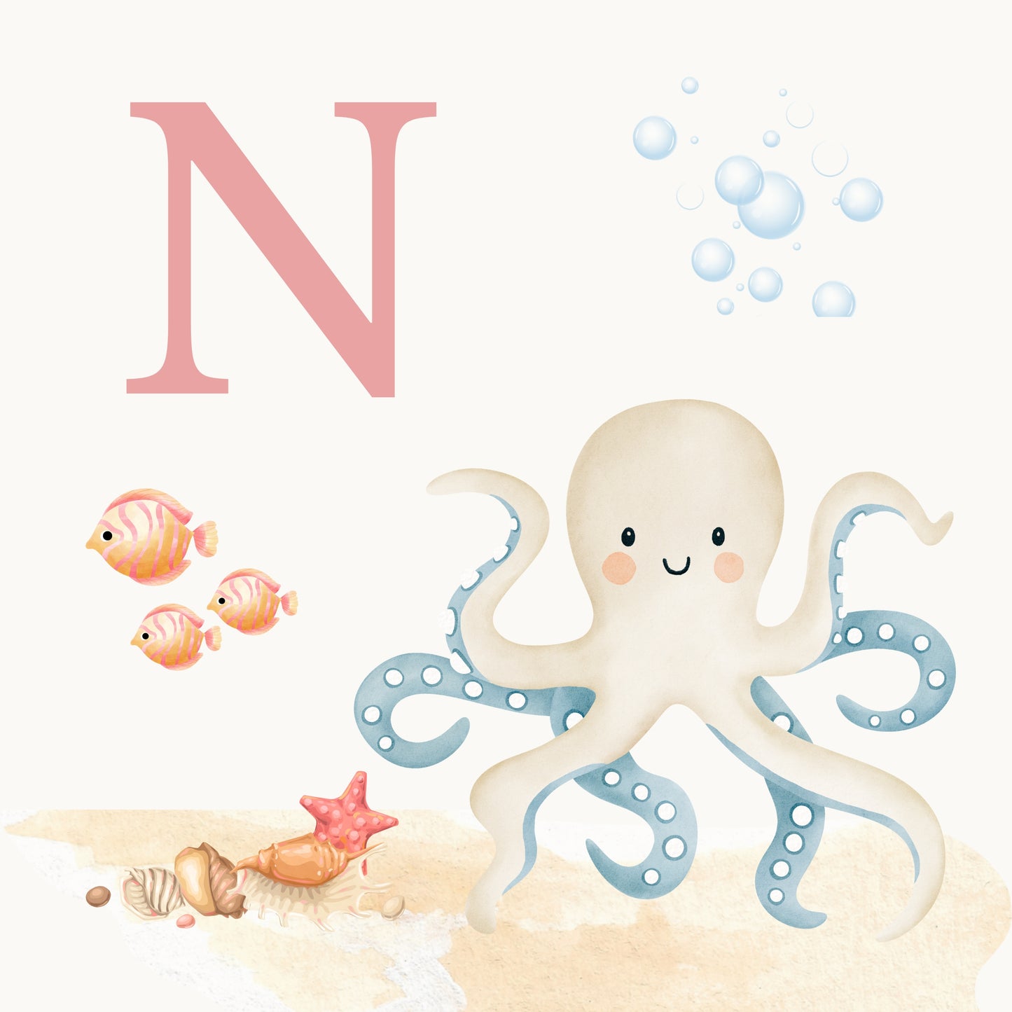 Octopus Coastal Alphabet Printable Art - Pink