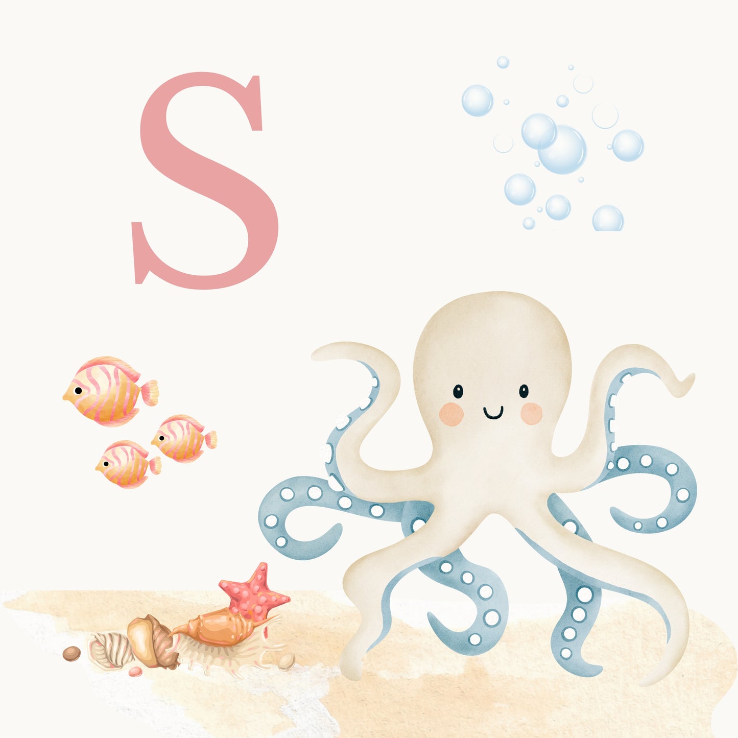 Octopus Coastal Alphabet Printable Art - Pink