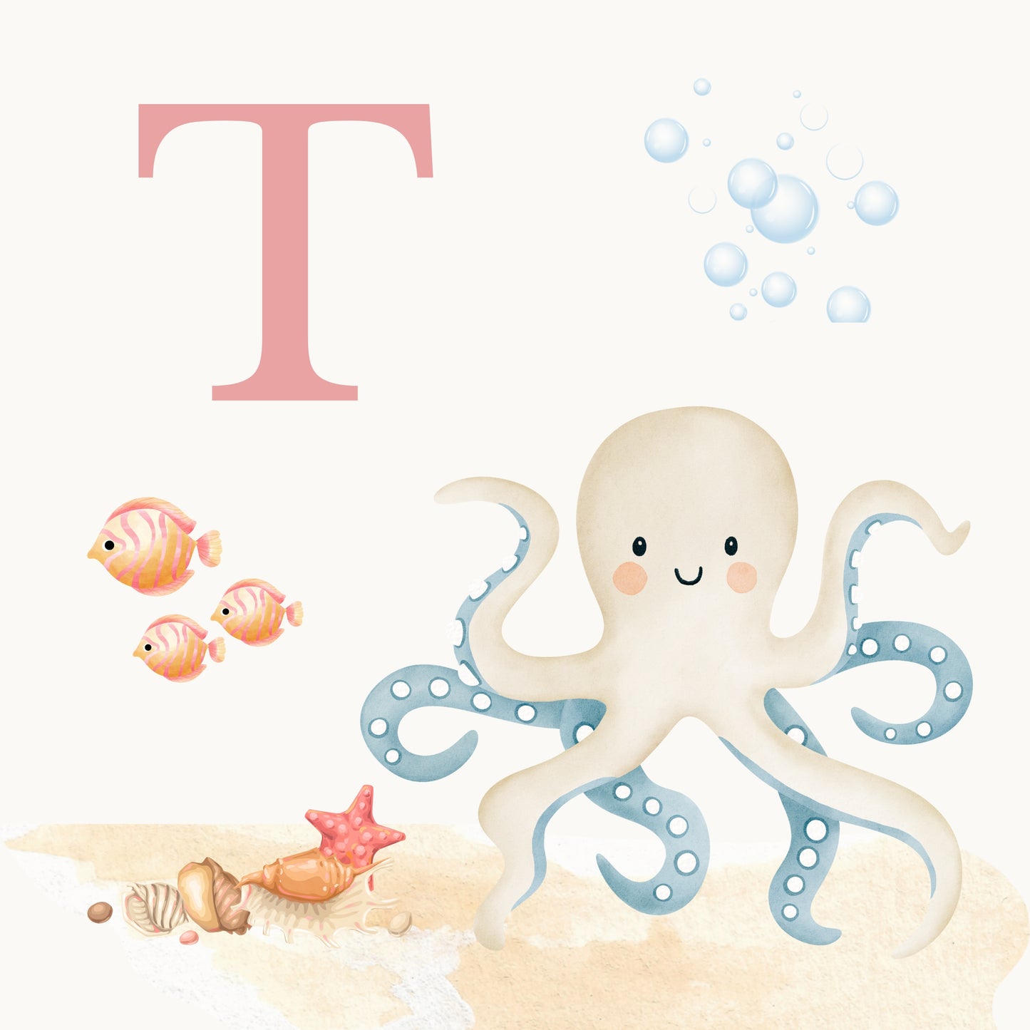 Octopus Coastal Alphabet Printable Art - Pink