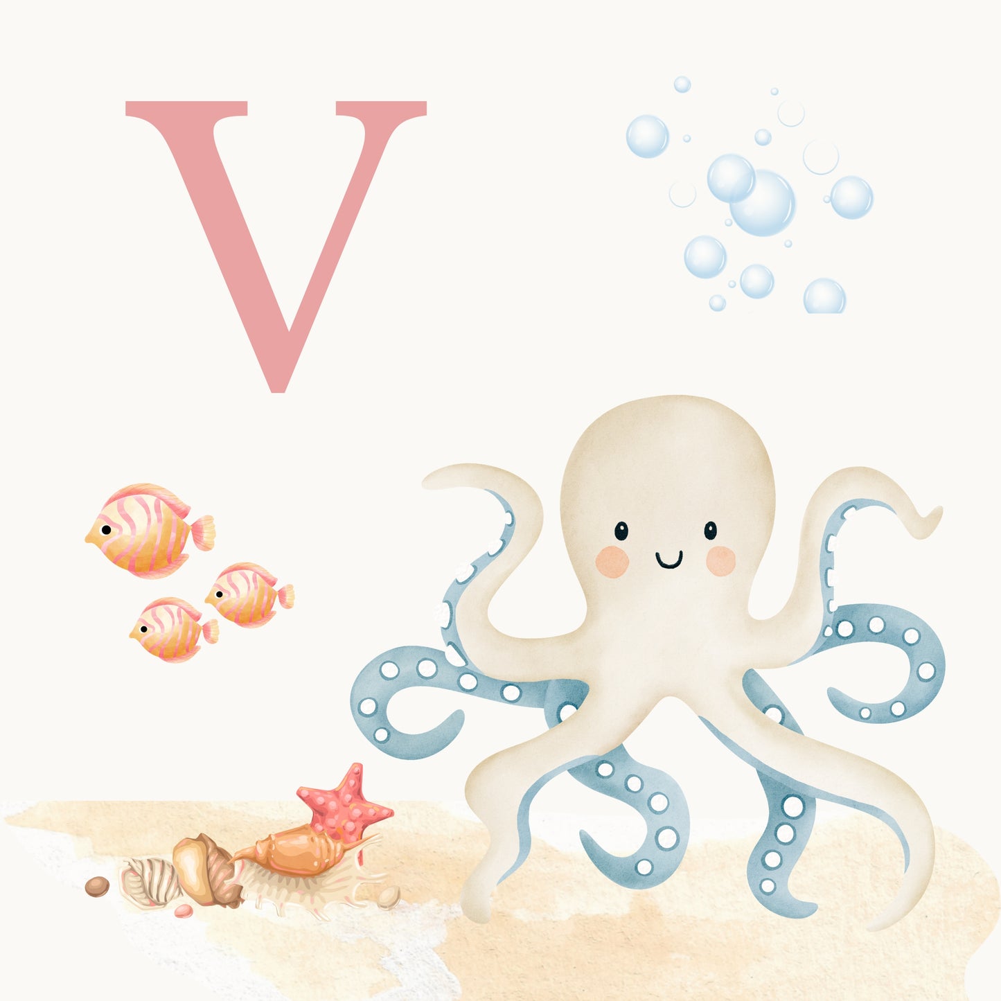 Octopus Coastal Alphabet Printable Art - Pink